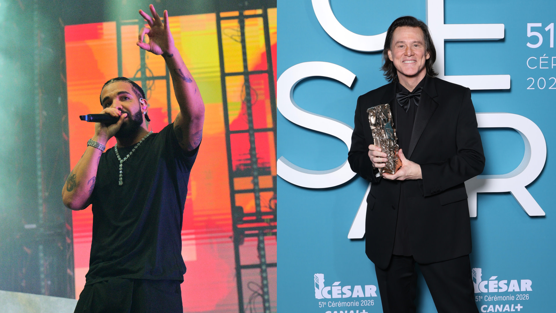 Drake performing on stage with a microphone; Jim Carrey holding an award at the César Ceremony 2026.