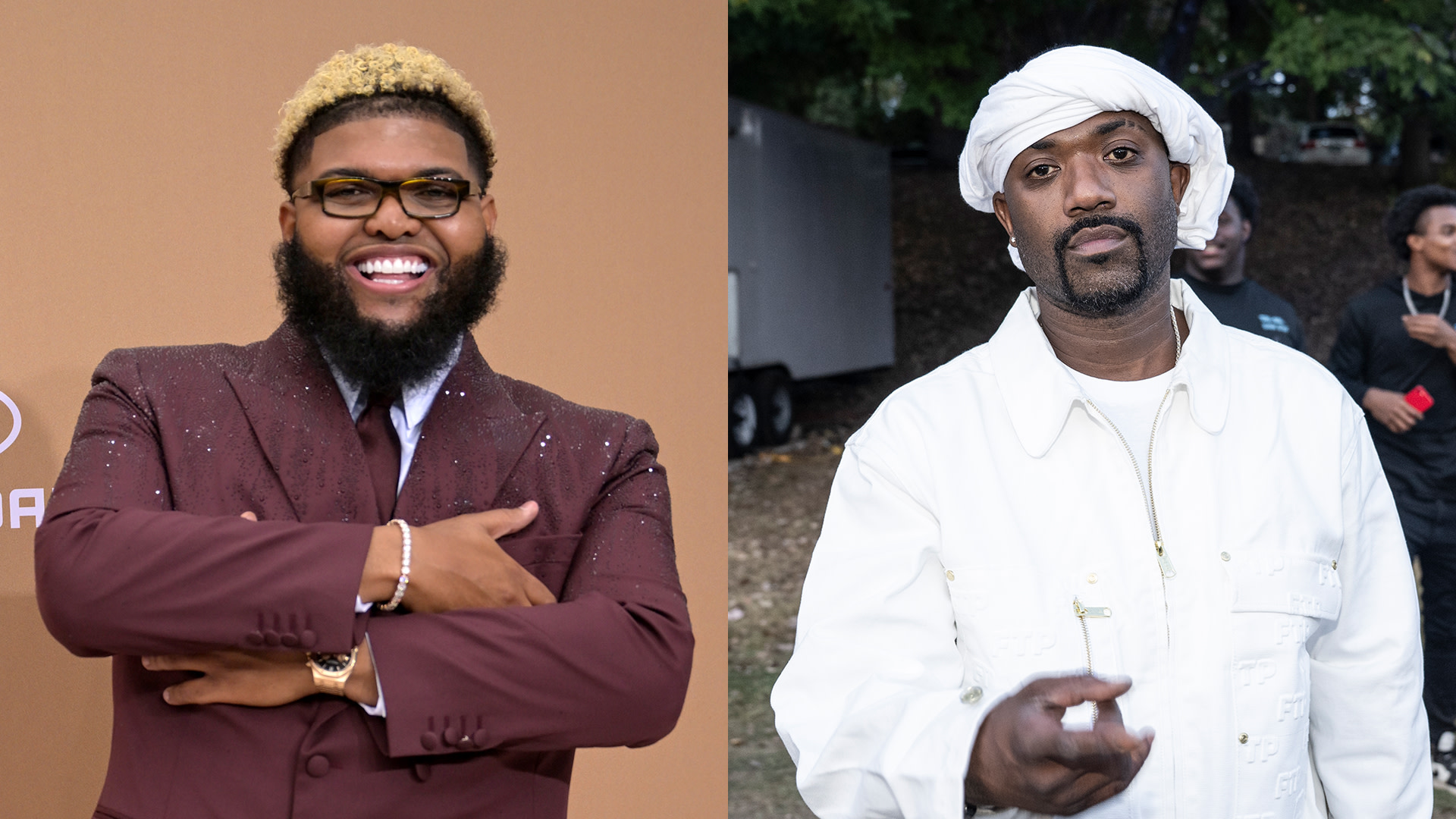 Druski in a maroon suit smiling, and Ray J in white attire with a serious expression.