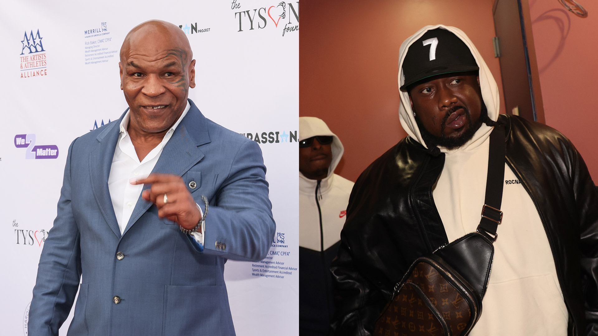 Mike Tyson in a blue suit at an event; Conway the Machine in a black jacket and cap with the number 7, standing indoors.