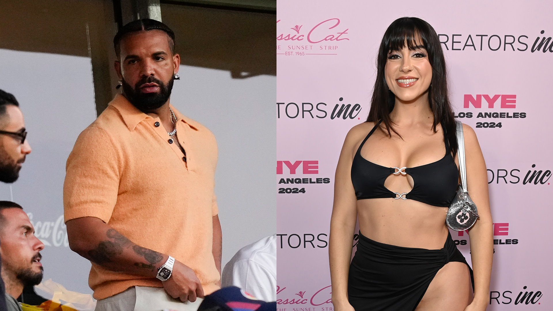 Drake in an orange shirt stands outdoors; Lena the Plug in a black outfit poses at an event with a pink backdrop.