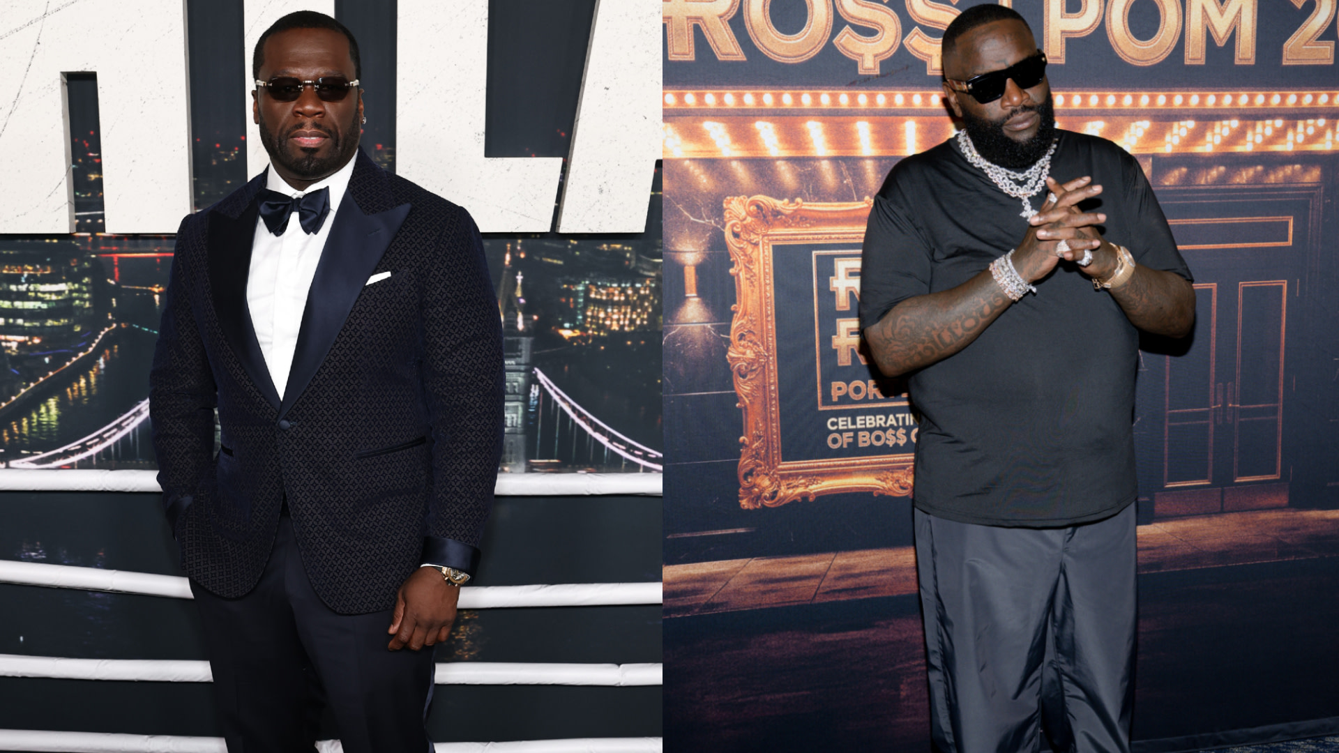 50 Cent in a suit and bow tie on the left; Rick Ross in a black outfit with jewelry on the right.