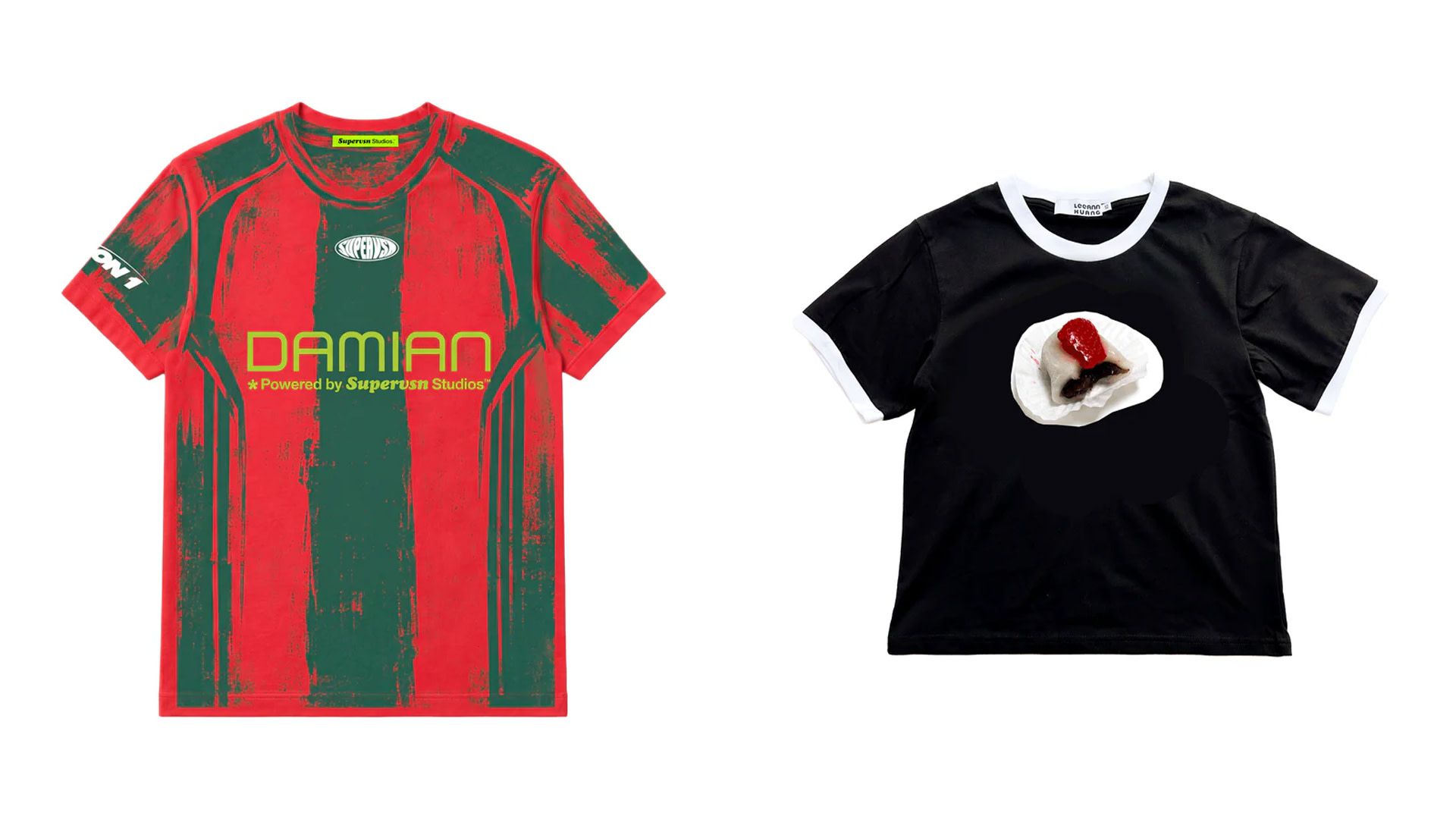Two graphic T-shirts: one red and green with "DAMIAN" and the other black with a fried egg and ketchup design.