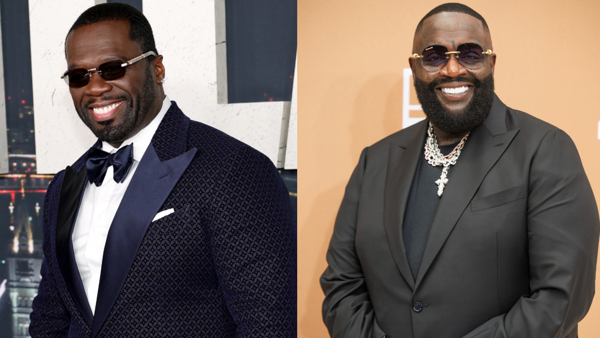 50 Cent in a blue tuxedo and bow tie, and Rick Ross in a black suit with sunglasses and jewelry, both smiling.
