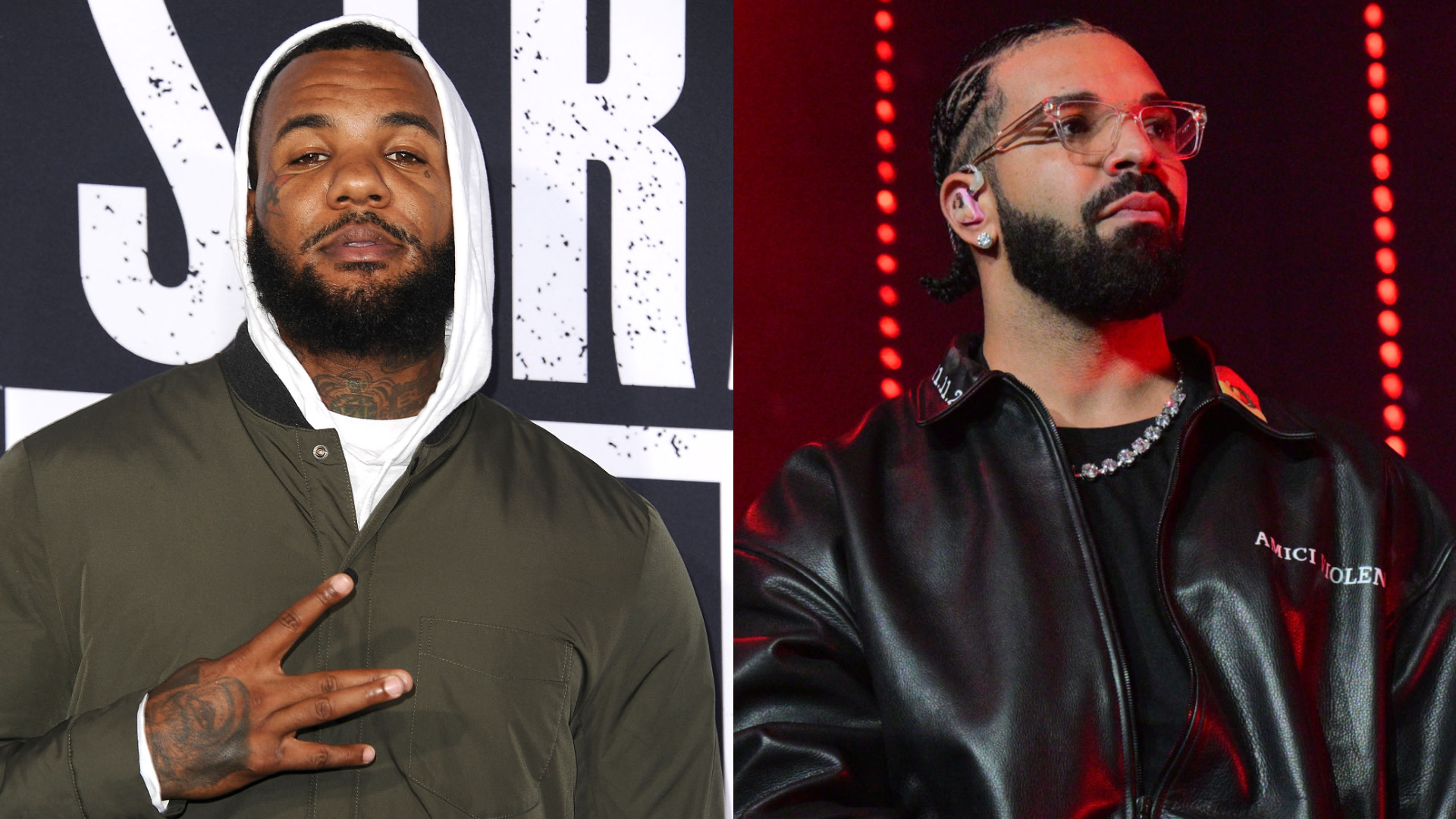 The image shows The Game on the left in a green jacket, and Drake on the right wearing a black leather jacket with glasses.