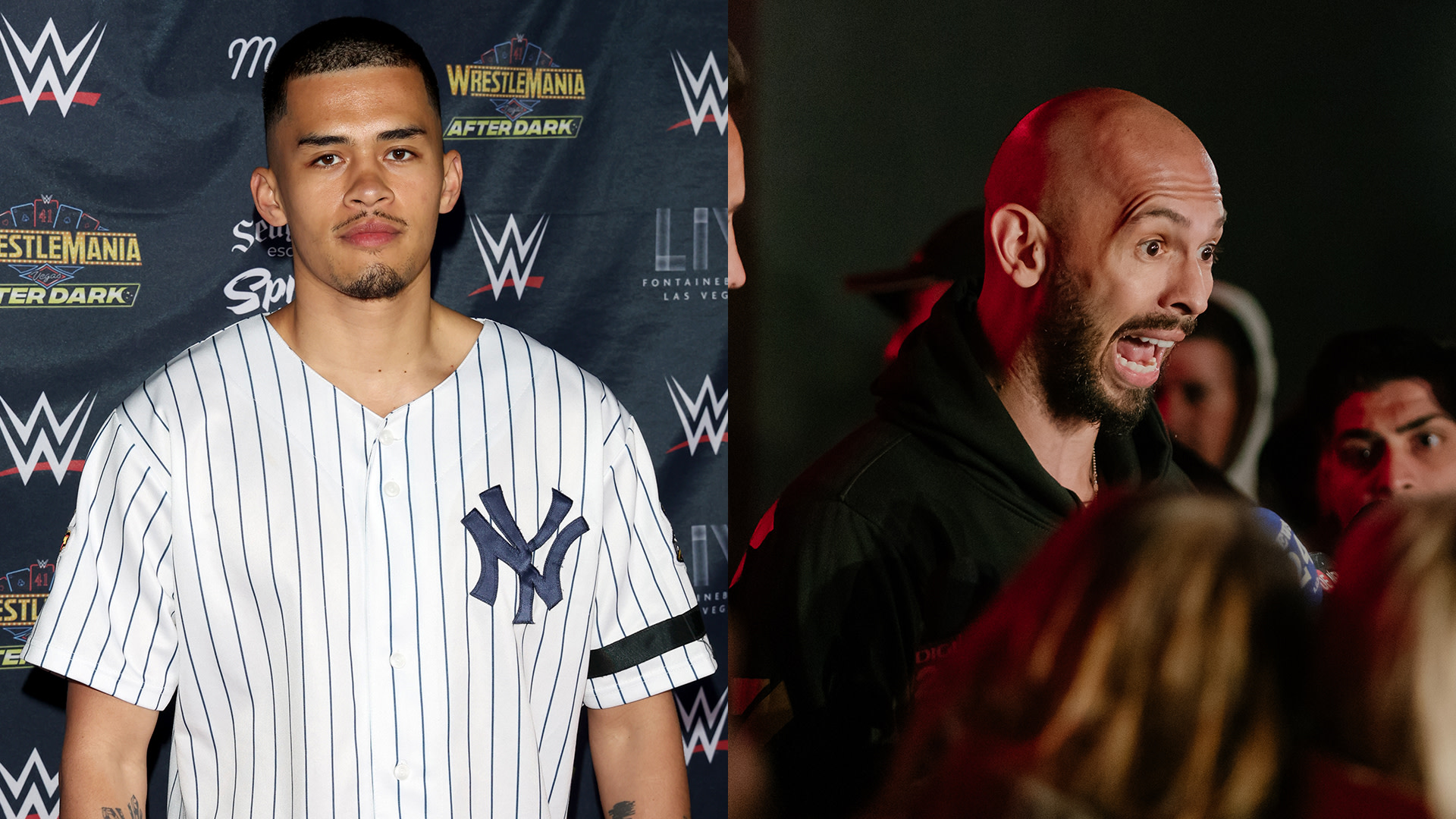 Two men are in separate images. Sneako, left, wears a Yankees jersey at a WWE event. Andrew Tate, right, is speaking animatedly in a crowd.
