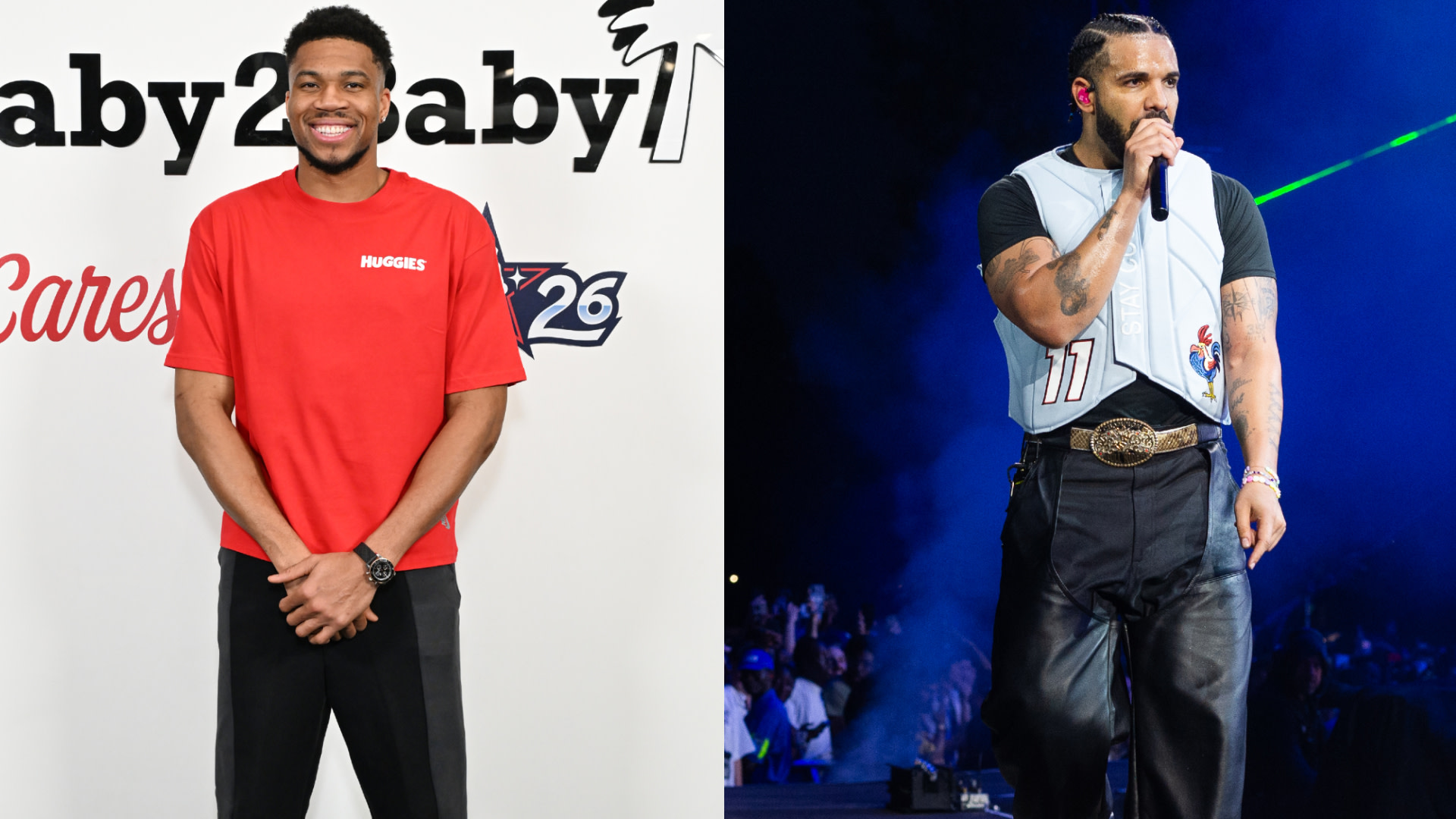 Giannis Antetokounmpo in a red shirt at an event; Drake performing on stage in a vest and black pants.