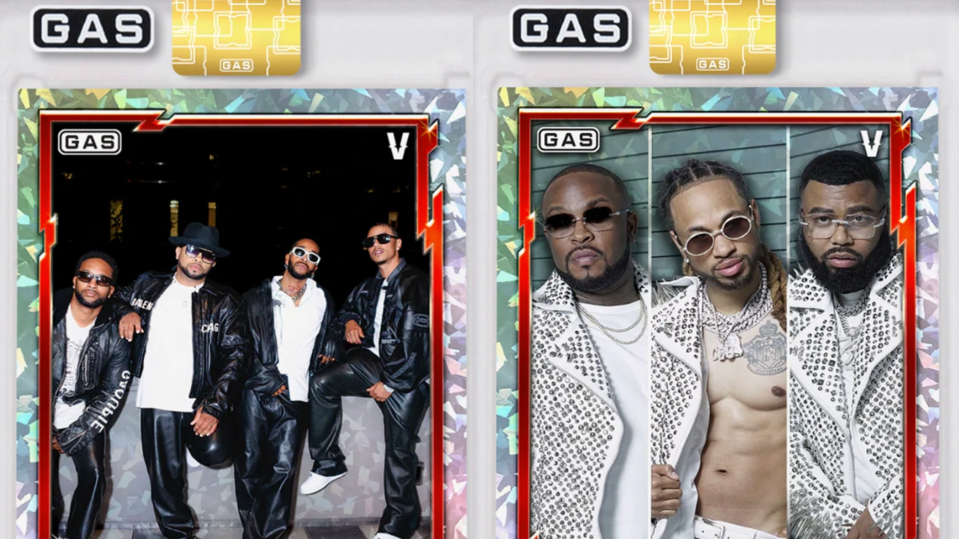 A stylized image of two groups of men in fashionable outfits, each wearing sunglasses and jackets, set against a holographic card background.