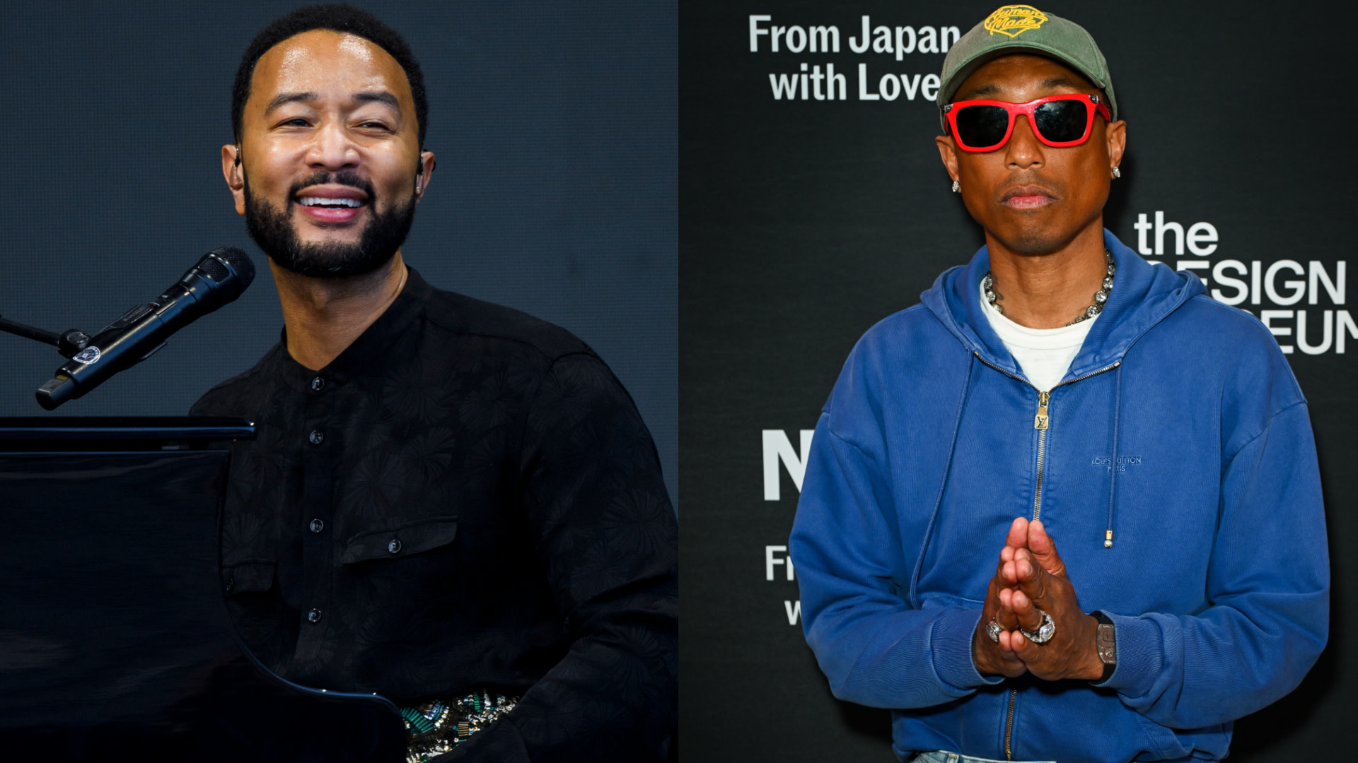 John Legend playing piano, smiling, wearing black. Pharrell Williams in blue hoodie, red sunglasses, and cap, hands together.