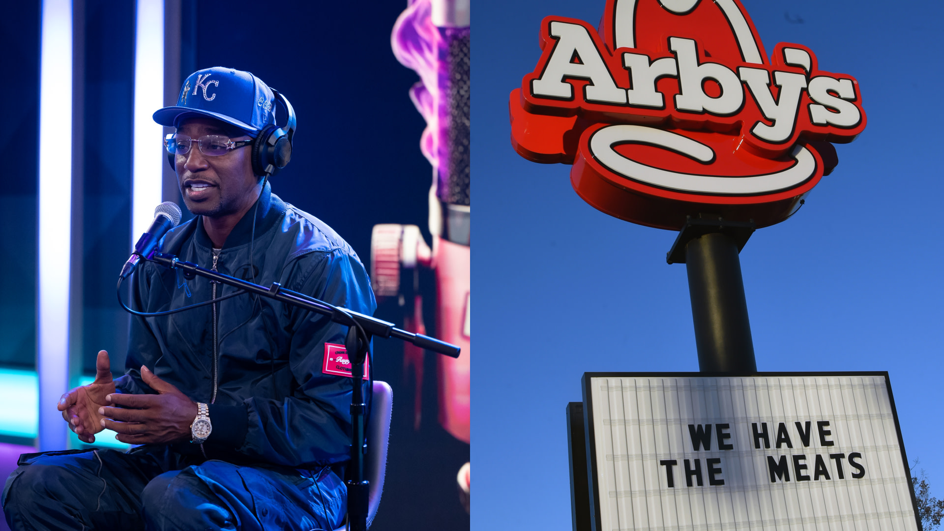 Cam'ron in a KC cap speaking into a microphone, next to an Arby's sign with the slogan "We Have The Meats."