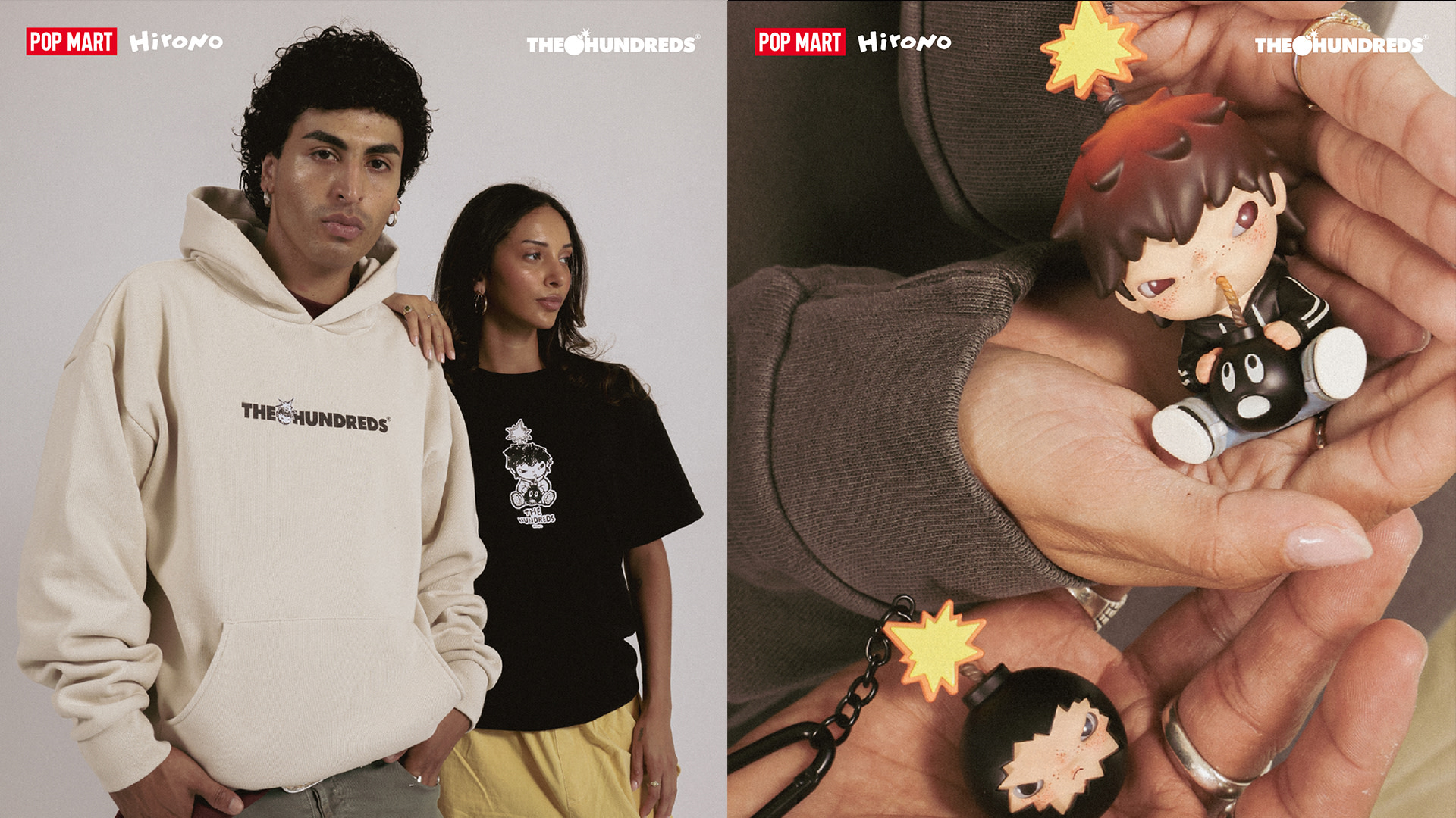Two models wearing "The Hundreds" clothing. Close-up of hands holding a small toy figure. Logos of Pop Mart, Hivono, and The Hundreds.