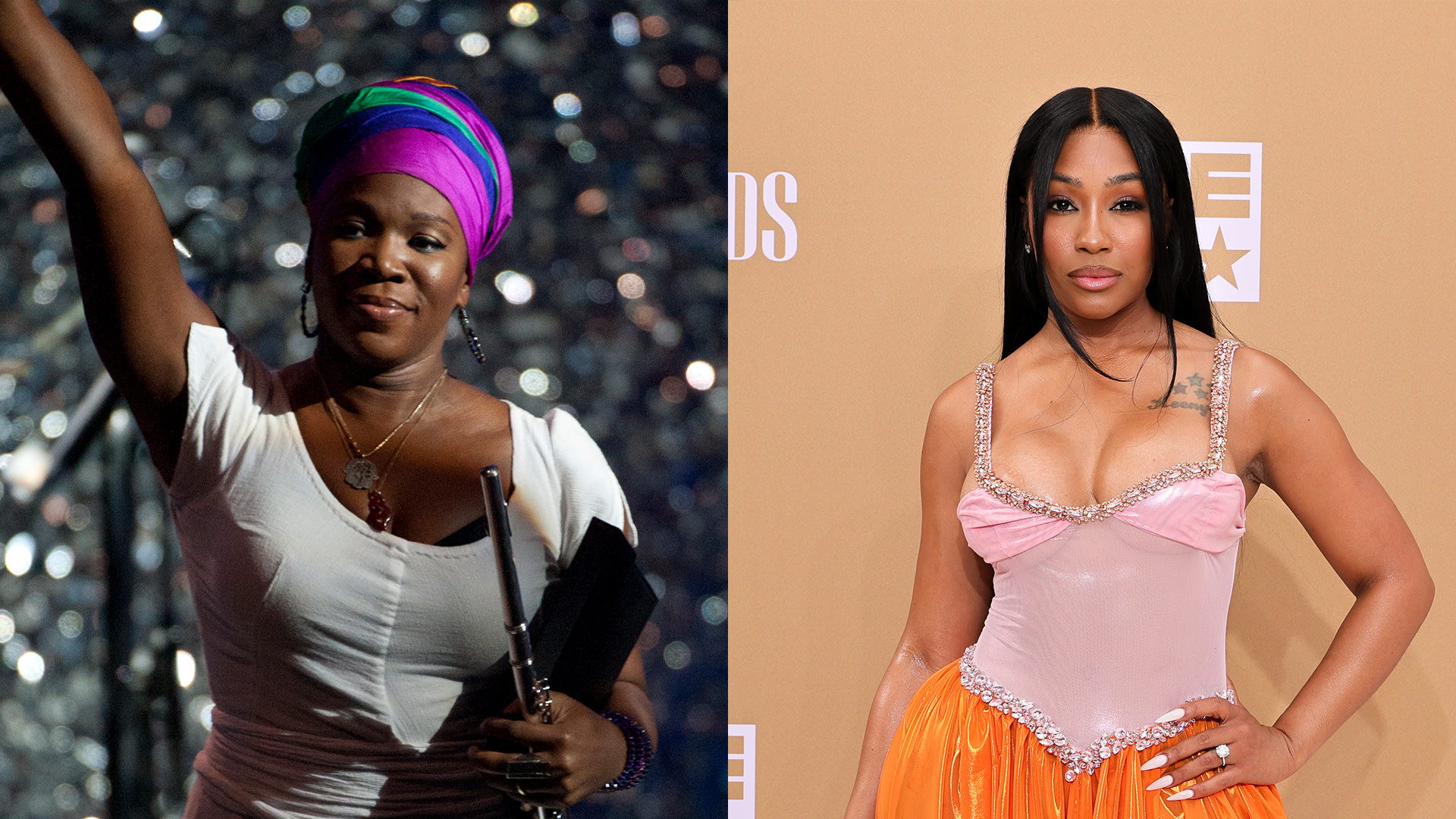 Indie.Arie and Yung Miami are pictured. Indie, left, wears a colorful headwrap and a white top. Miami, right, wears a pink and orange dress.