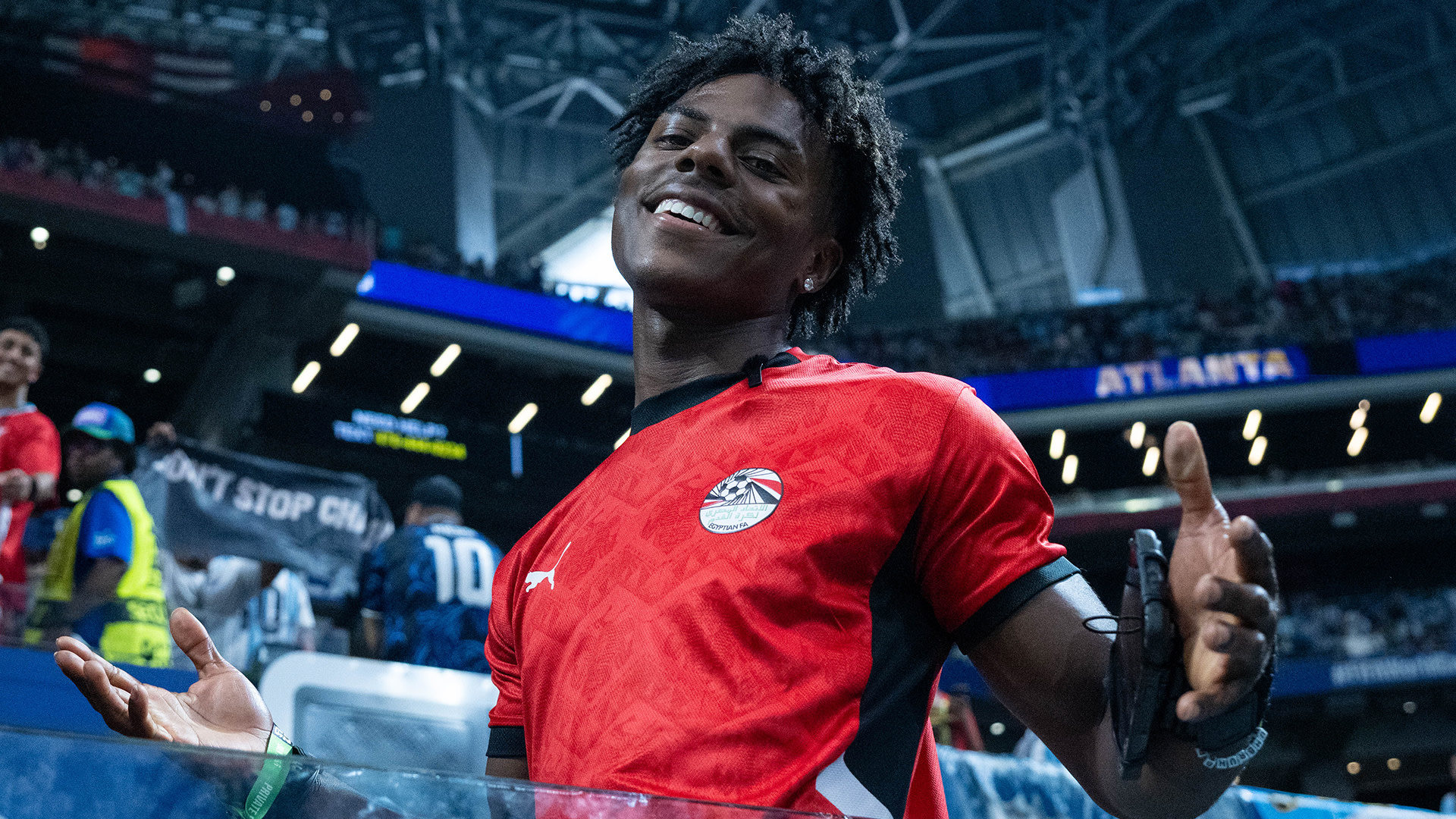 American influencer IShowSpeed attends the FIFA World Cup 2026 Round of 16 match between Argentina and Egypt at Atlanta Stadium on July 7, 2026 in Atlanta, United States.