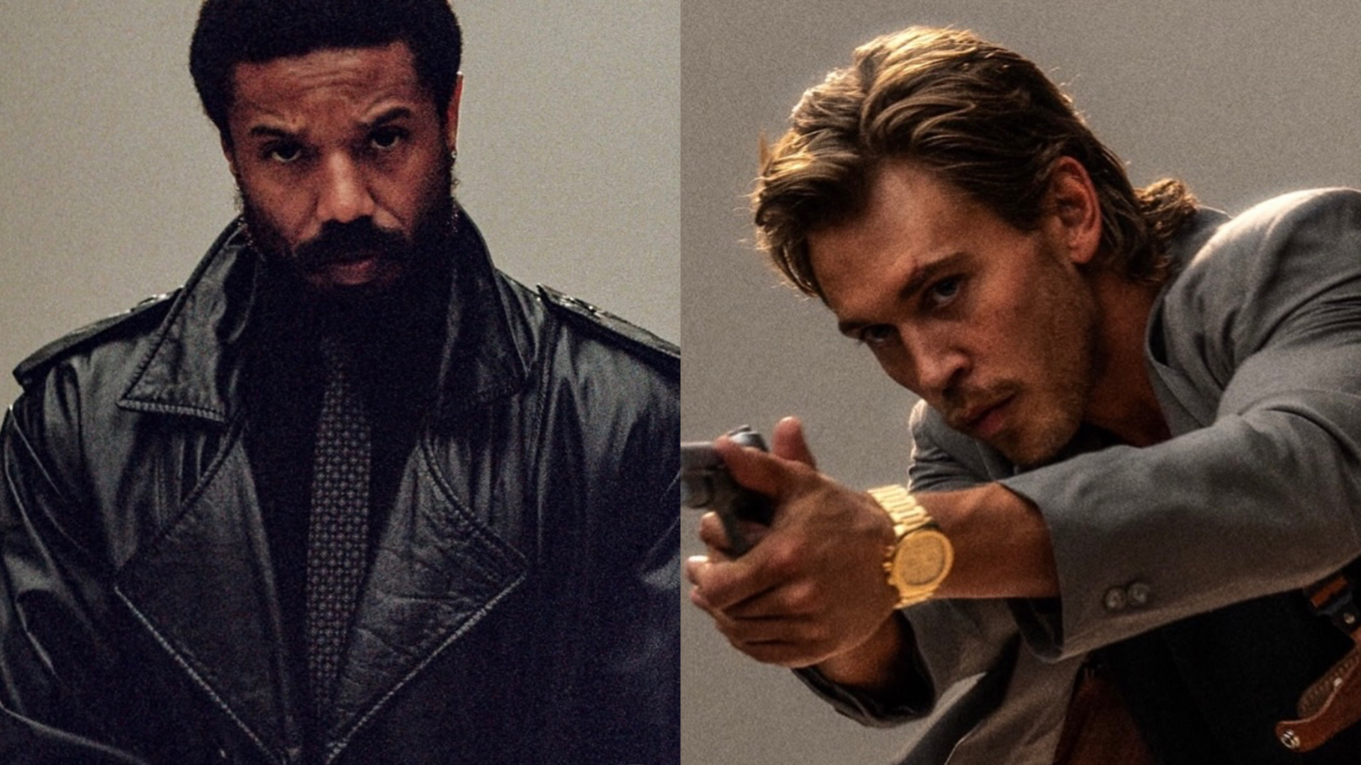 A pair of promotional shots showing Michael B. Jordan and Austin Butler as the leads in 'Miami Vice 85.'