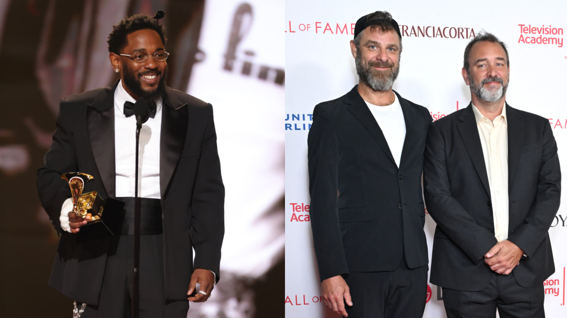 Kendrick Lamar holding a Grammy award on the left, and Matt Stone and Trey Parker at an event on the right.