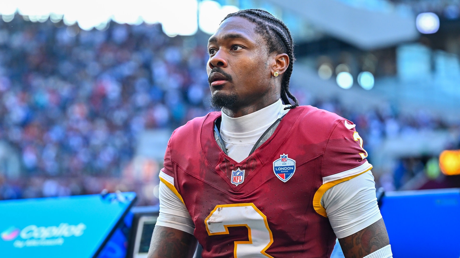 London, United Kingdom - October 4: Stefon Diggs of Washington Commanders looks on during the Indianapolis Colts and Washington Commanders match between Indianapolis Colts and Washington Commanders at Tottenham Hotspur Stadium on October 4, 2026 in London, United Kingdom.
