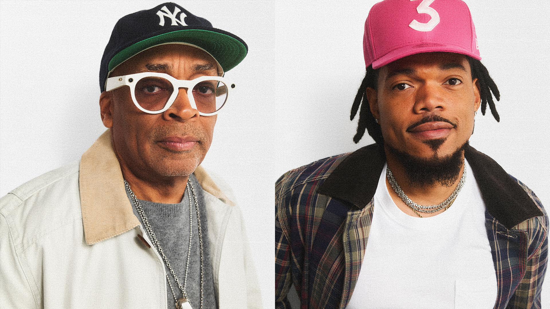 Two men side by side: on the left, Spike Lee in a Yankees cap and white glasses; on the right, Chance the Rapper in a pink cap with the number 3.
