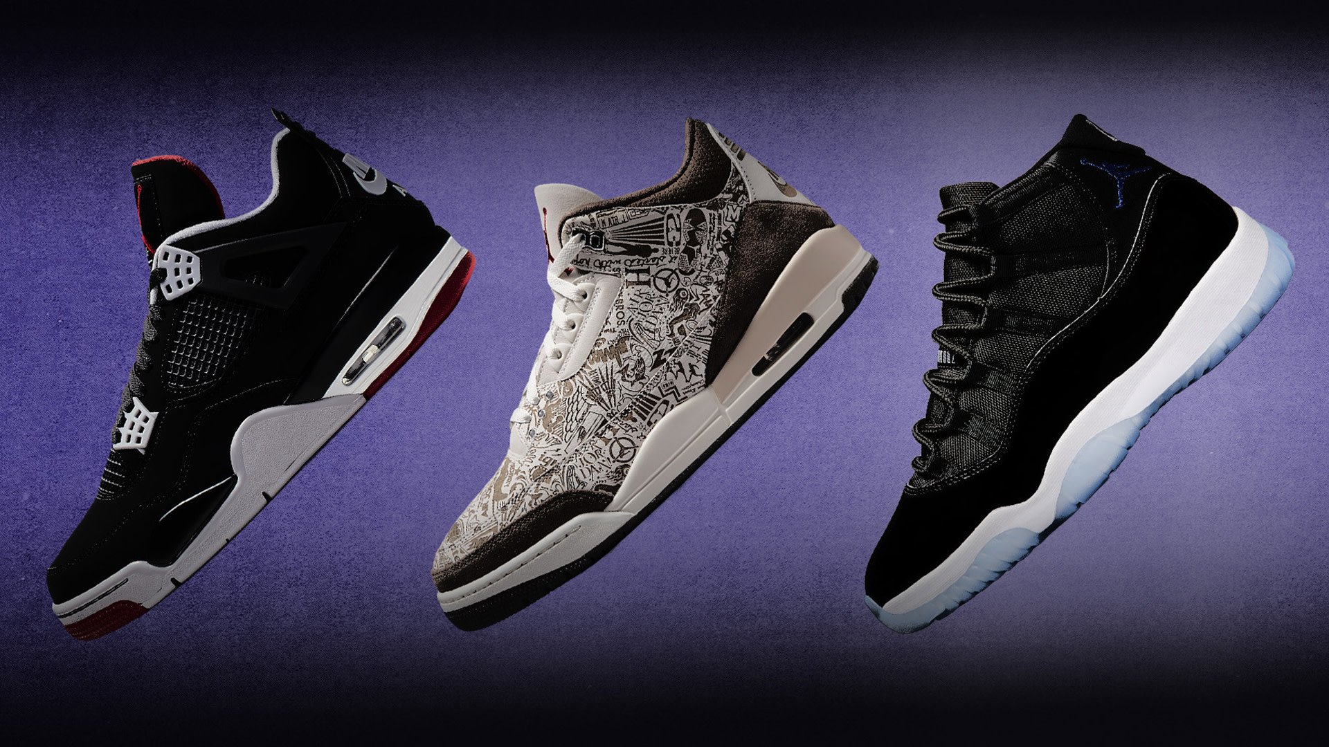  'Space Jam' Air Jordan 11, 'Laser' Air Jordan 3, 'Bred' Air Jordan 4