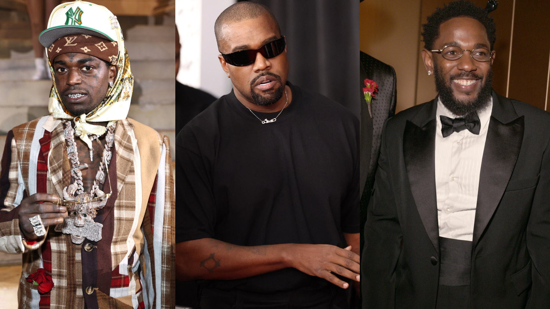 Kodak Black in a plaid outfit with jewelry, Kanye West in black with sunglasses, and Kendrick Lamar in a tuxedo and bow tie.