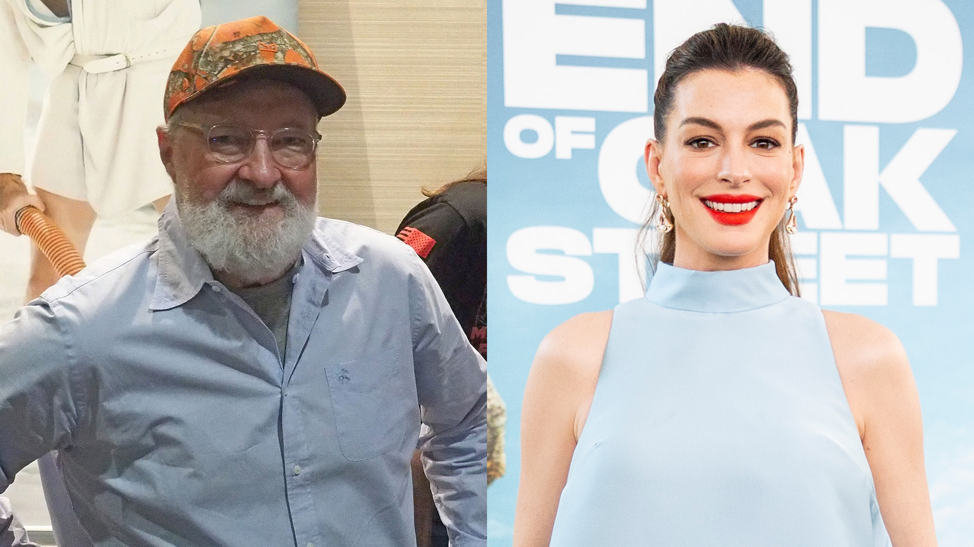 Two people are shown: Randy Quaid with a beard and cap on the left, and Anne Hathaway with a ponytail and bright smile on the right.