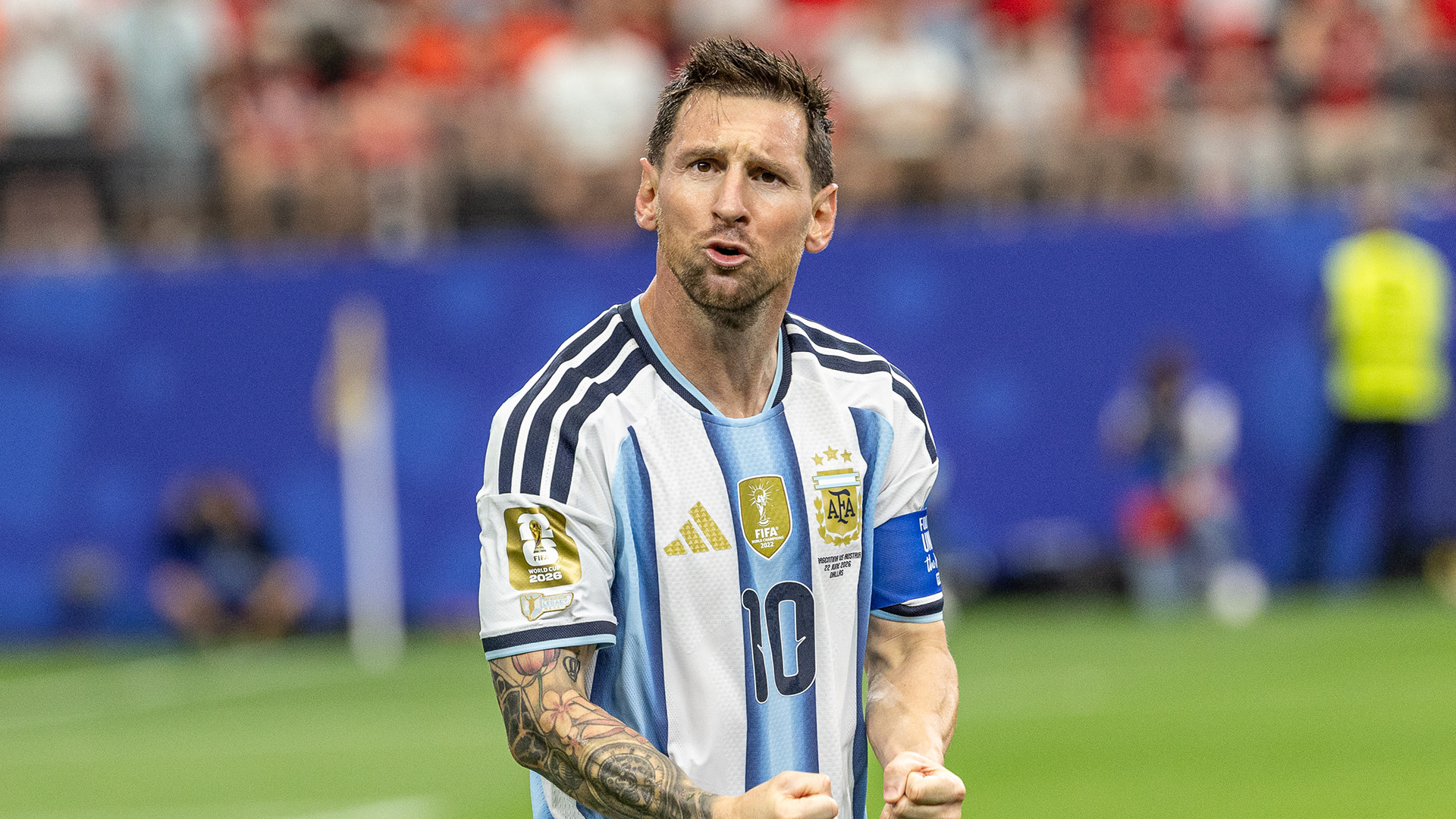 Lionel Messi of Argentina celebrates after scoring a goal during a FIFA World Cup 2026 football match between Argentina and Austria at AT&T Stadium (Dallas Stadium). Final score; Argentina 2:0 Austria.