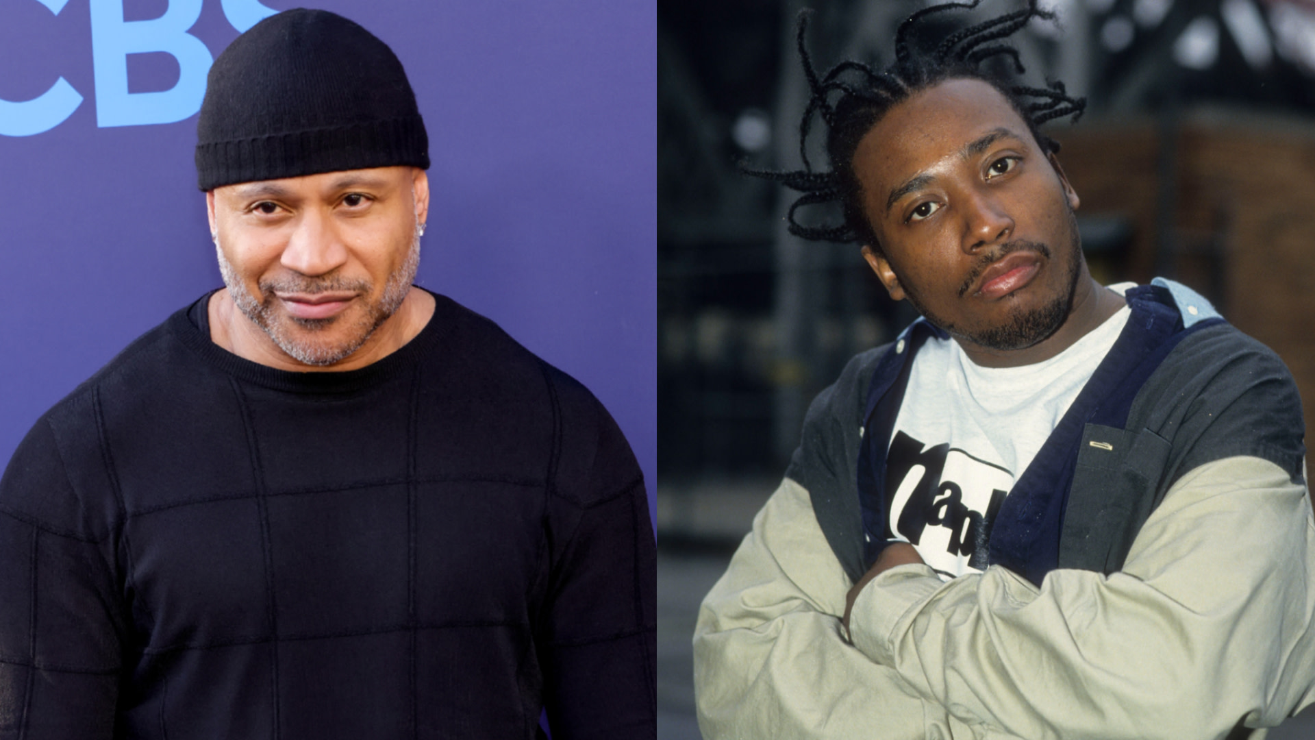 LL Cool J in a black beanie and sweater on the left; Ol' Dirty Bastard with braided hair and a jacket on the right.