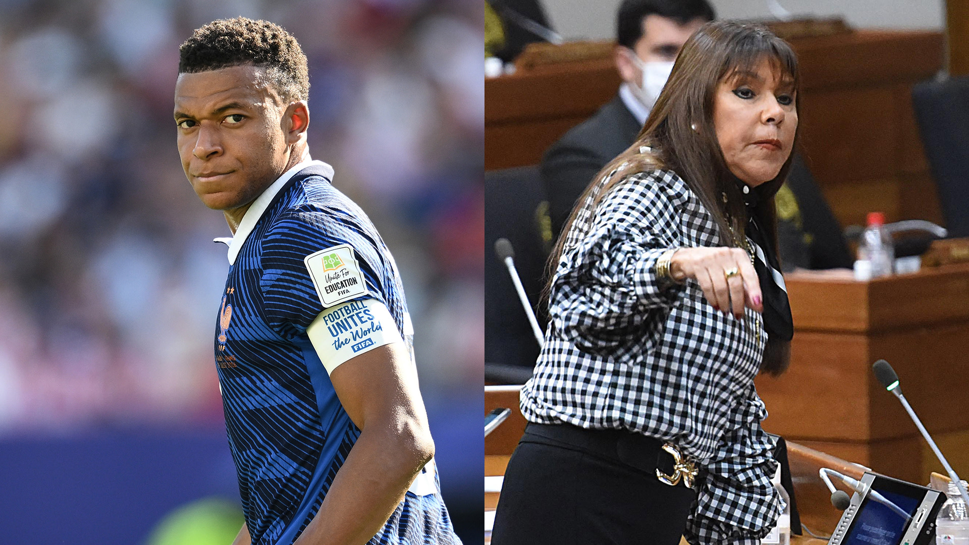 Split image: On the left, Kylian Mbappé in a blue jersey on the field. On the right, Celeste Amarilla in a checkered shirt speaking in a formal setting.