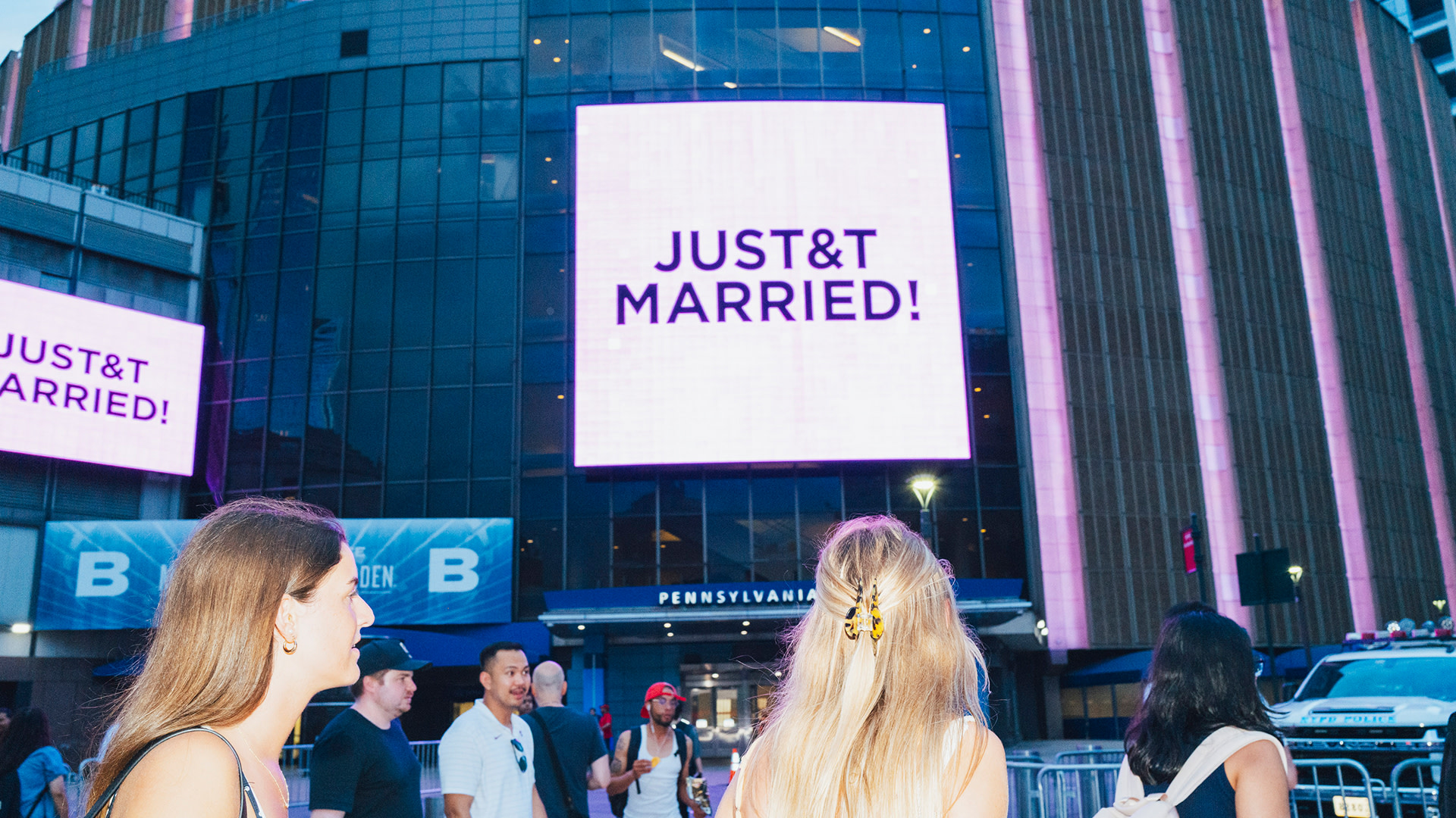 The screens diplay "Just T&T Married!" outside Madison Square Garden in New York, New York on July 3, 2026. Taylor Swift and Travis Kelce's wedding was reportedly at Madison Square Garden.
