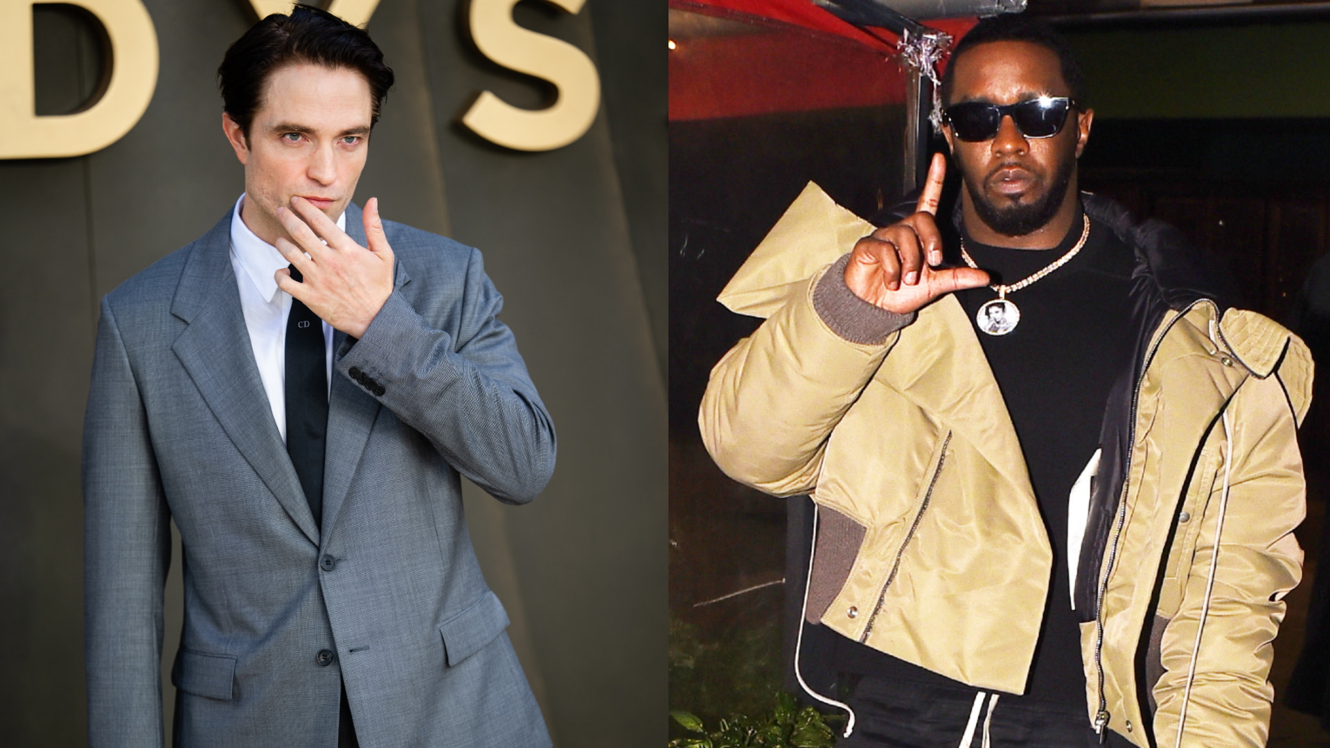 Robert Pattinson in a gray suit, touching his lips; Sean "Diddy" Combs in a beige jacket, sunglasses, making a gesture.