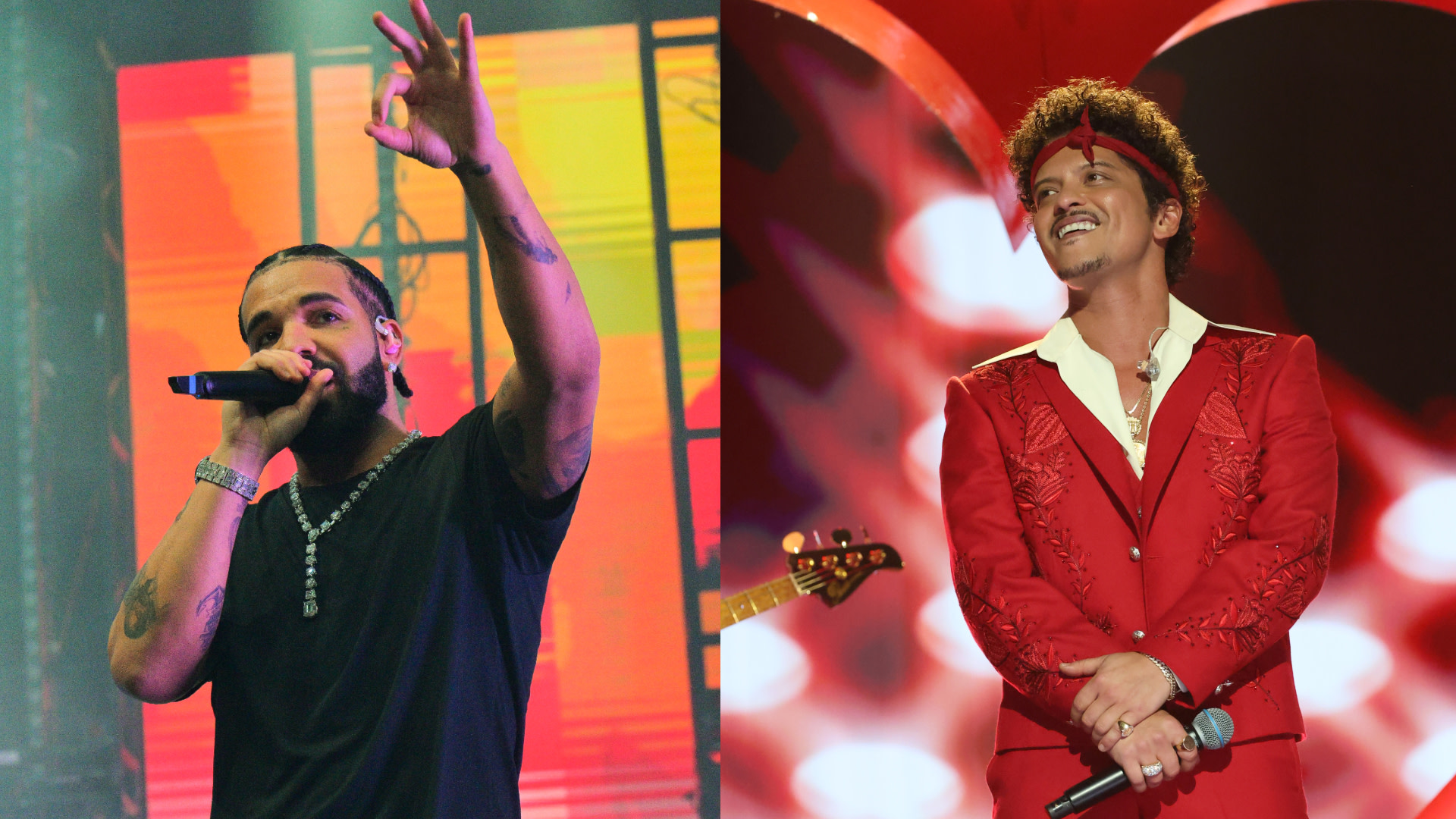 Drake performing on stage, wearing a black shirt and necklace. Bruno Mars in a red suit, smiling with a mic, against a red background.