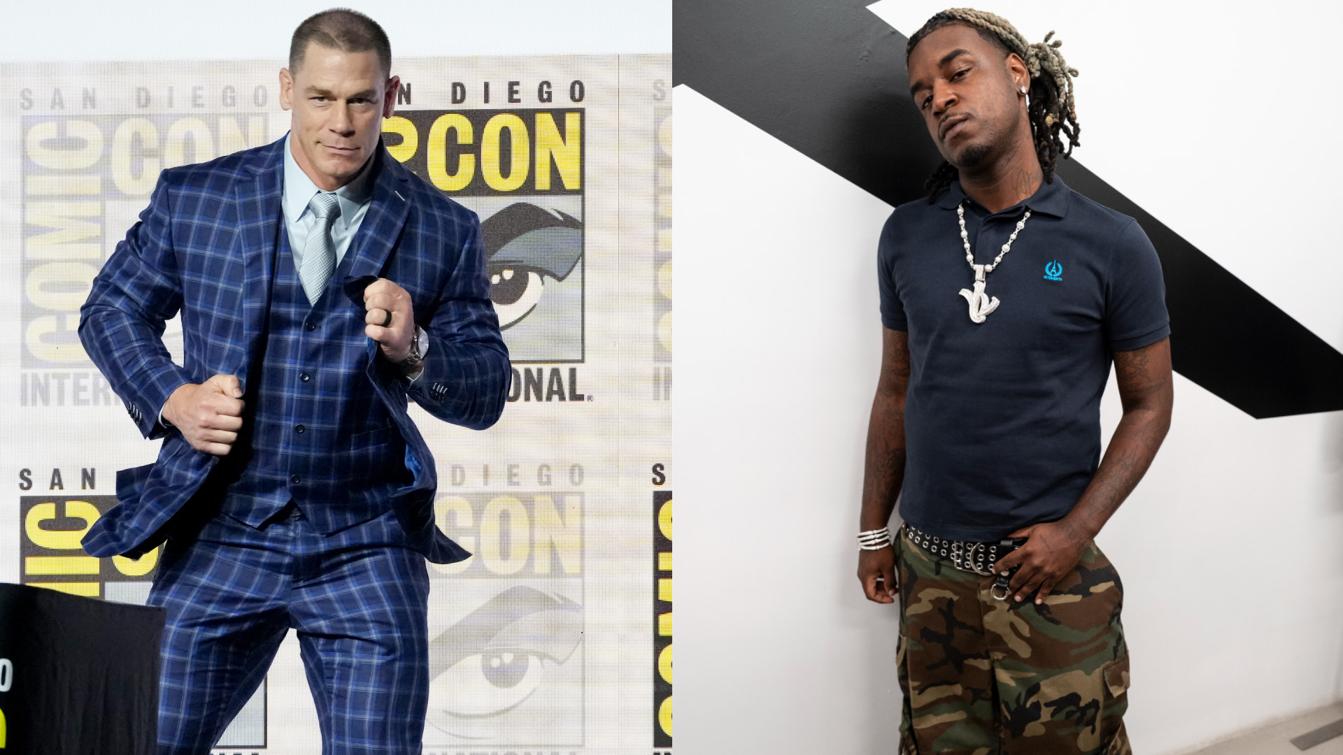 John Cena in a blue suit at Comic-Con; rapper Ken Carson in a black shirt and camo pants against a white background.