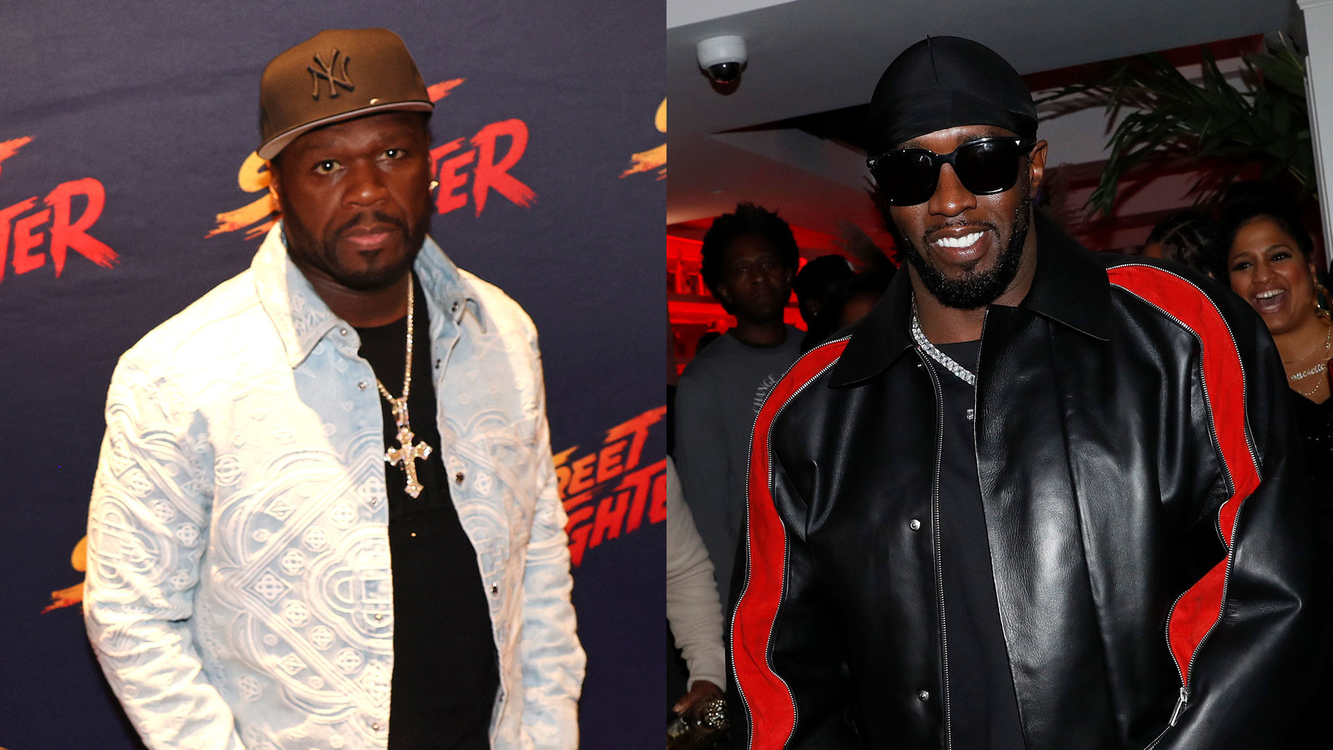 50 Cent in a patterned jacket and cap on the left, Diddy in a leather jacket and sunglasses on the right.