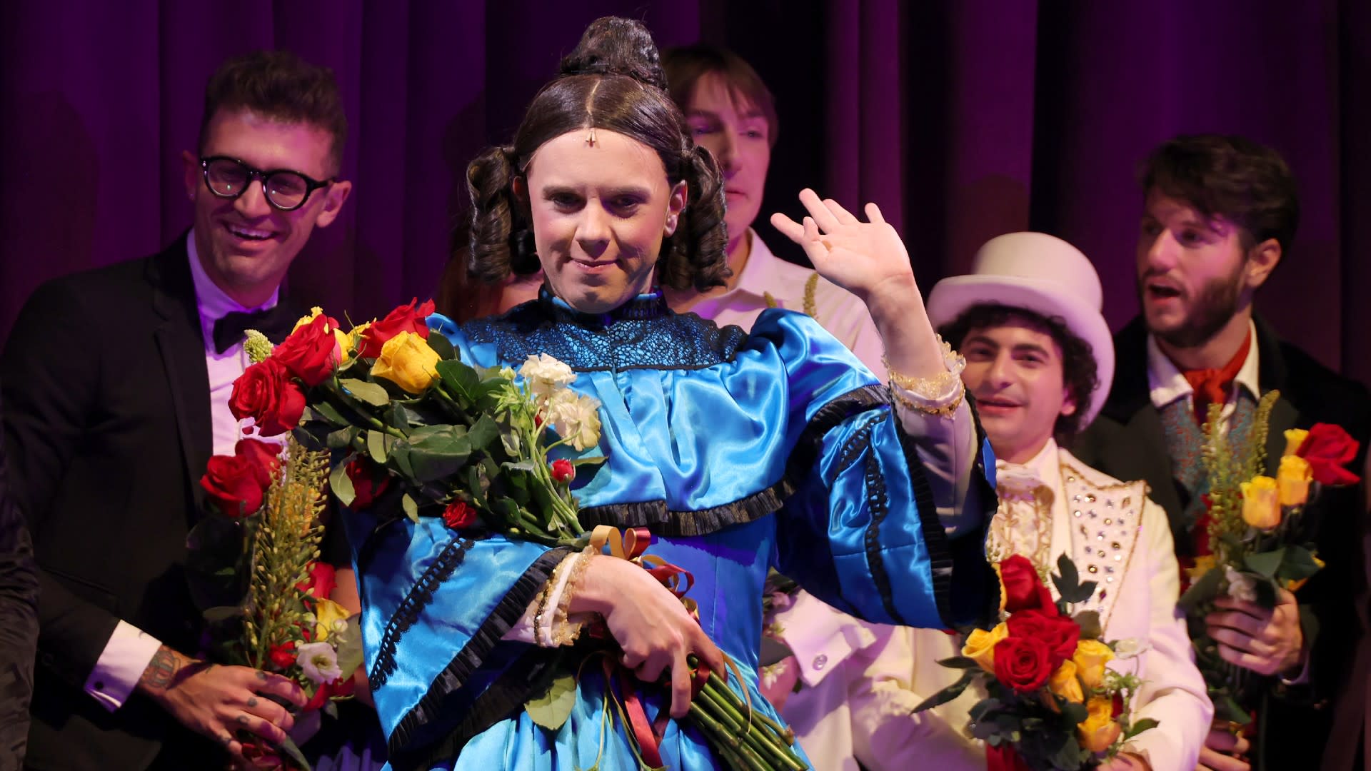 Cole Escola (2nd L), Sam Pinkleton (L), Peter Smith (C), Conrad Ricamora and Lucas McMahon onstage for the curtain call during "Oh, Mary" Opening Night at Lyceum Theatre on July 11, 2024 in New York City.