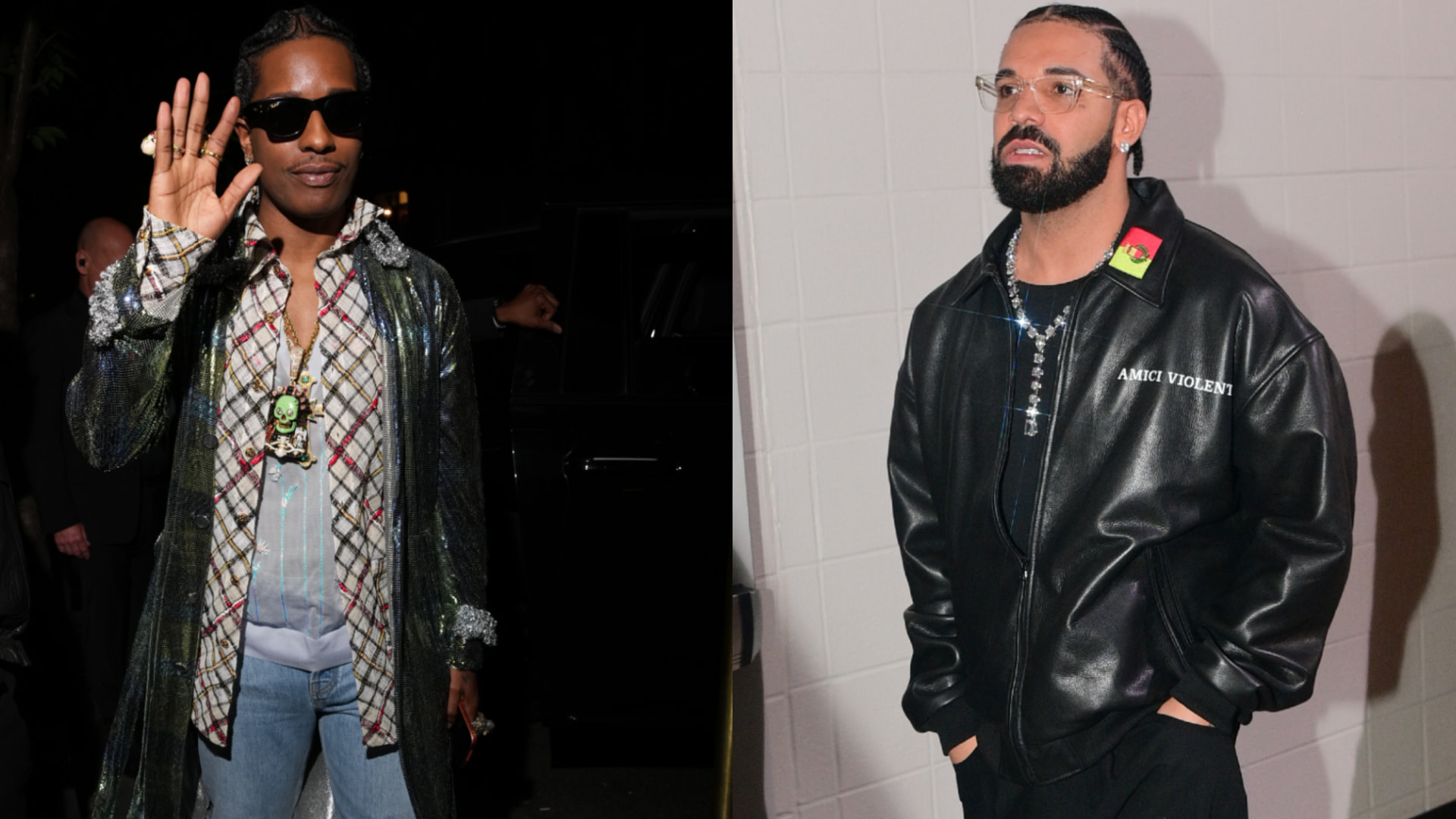 A$AP Rocky waves in a stylish outfit with sunglasses. Drake stands in a black leather jacket with a serious expression.