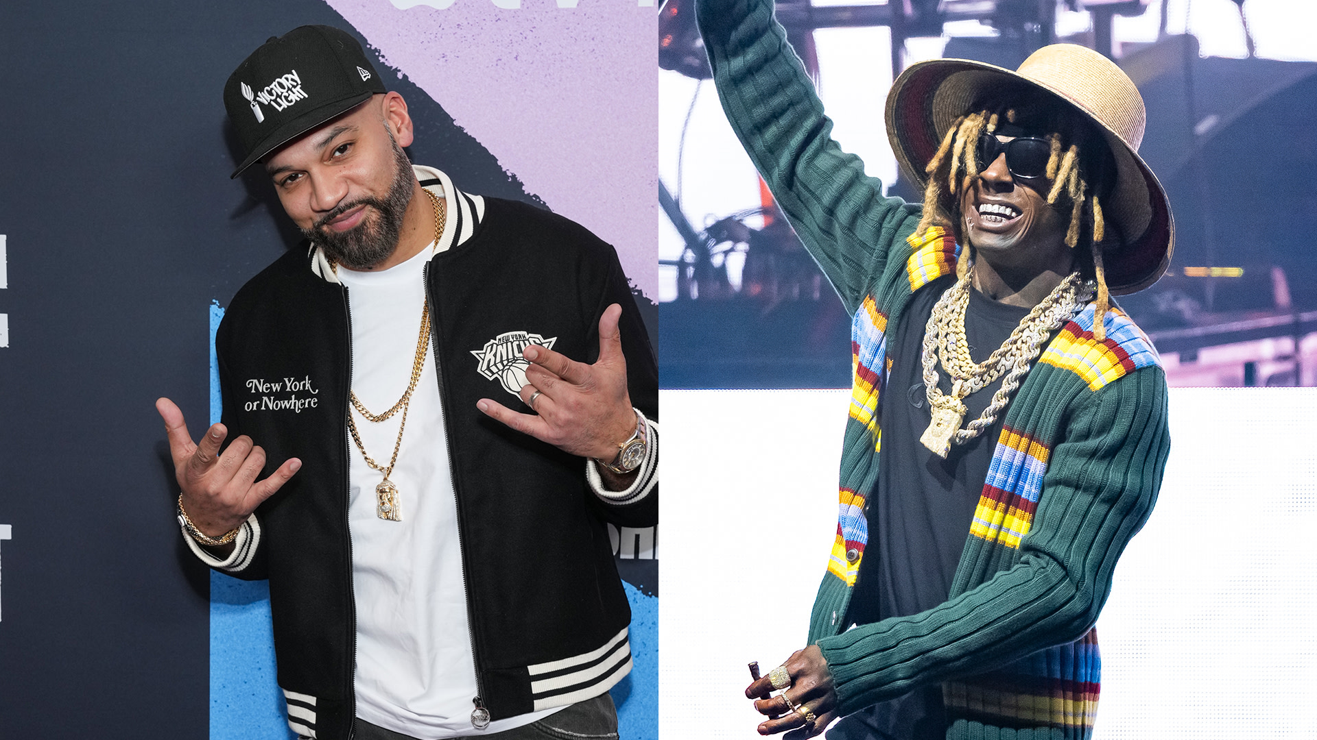 The Kid Mero wearing a black cap and jacket, and Lil Wayne in a colorful outfit with a hat, performing on stage.