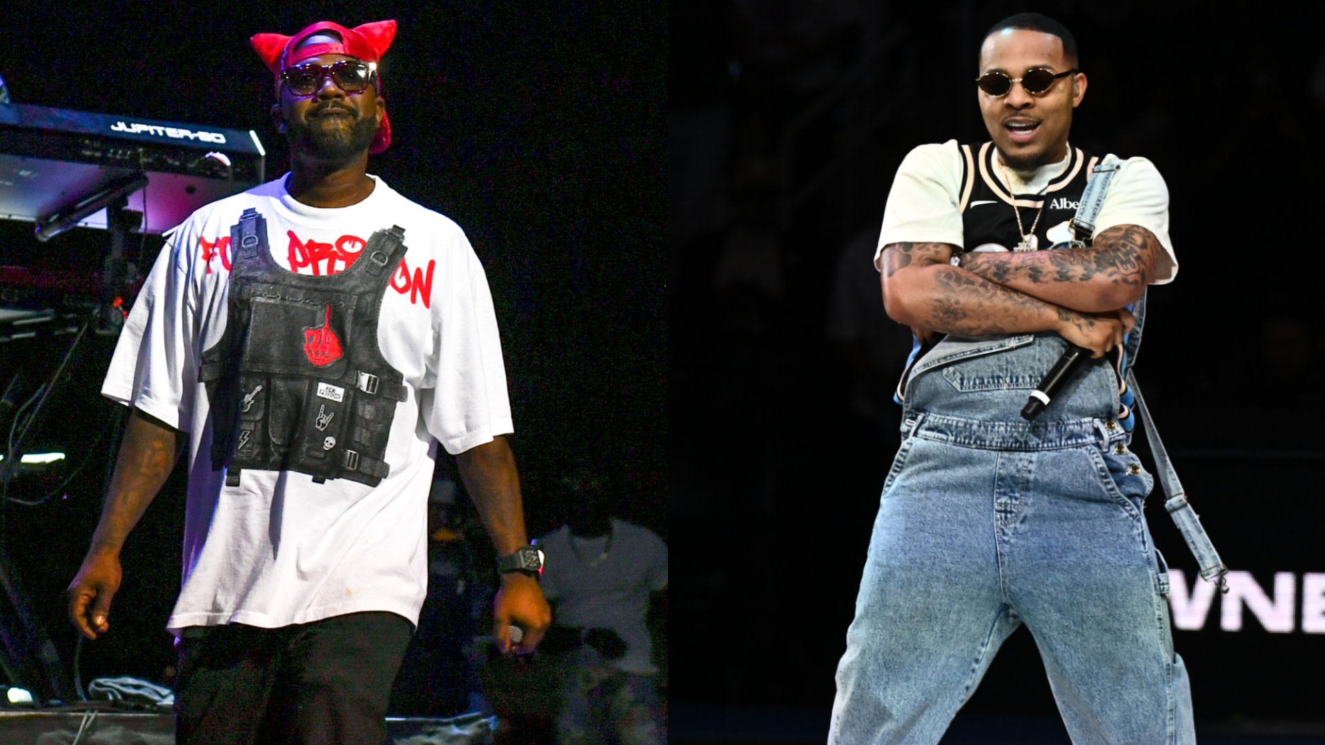 Two men are performing on stage. Ray J on the left wears a white shirt with a vest and red horns, and Bow Wow on the right wears overalls and sunglasses.