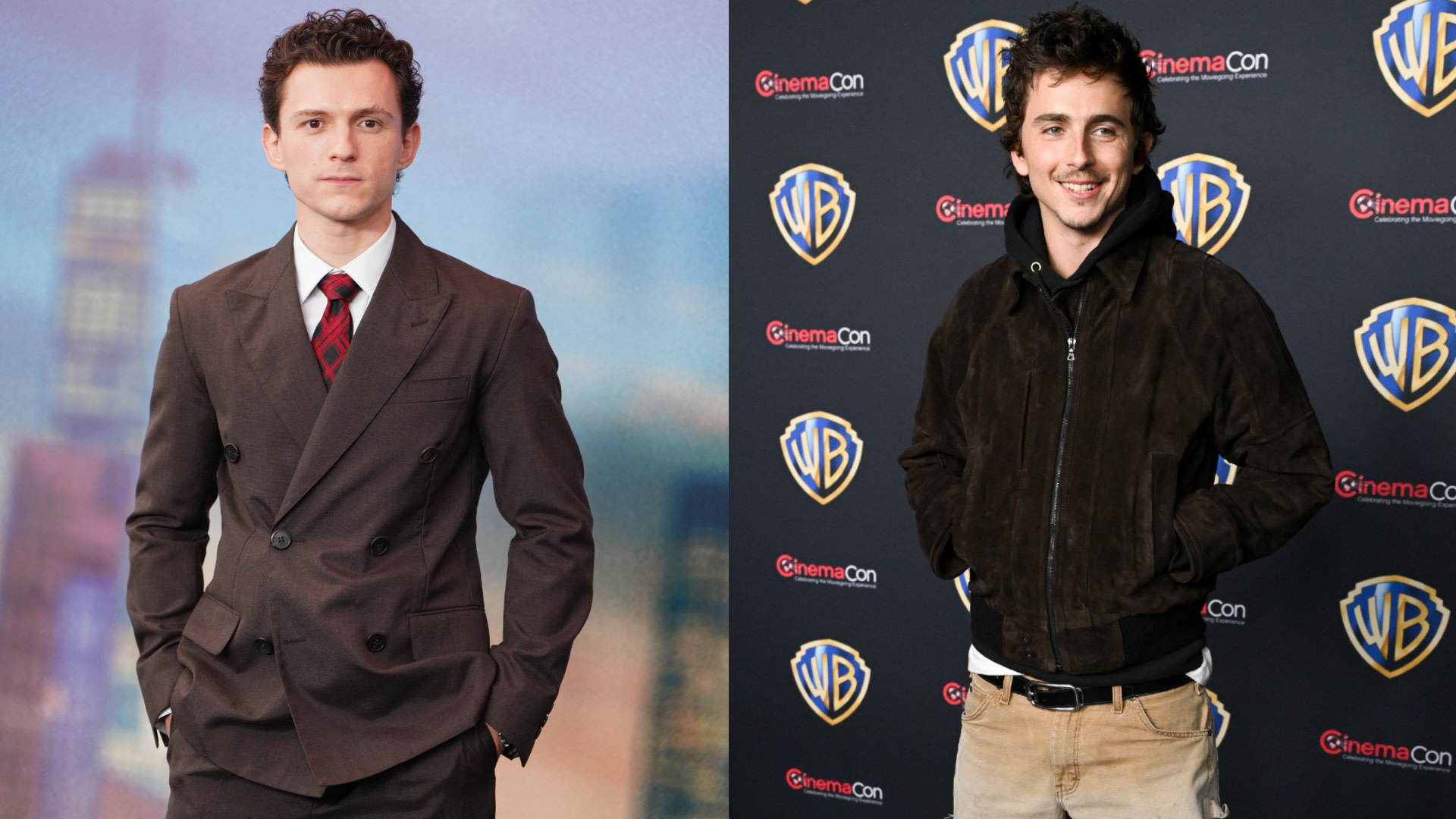 Tom Holland in a suit and Timothée Chalamet in a jacket, both posing at separate events.