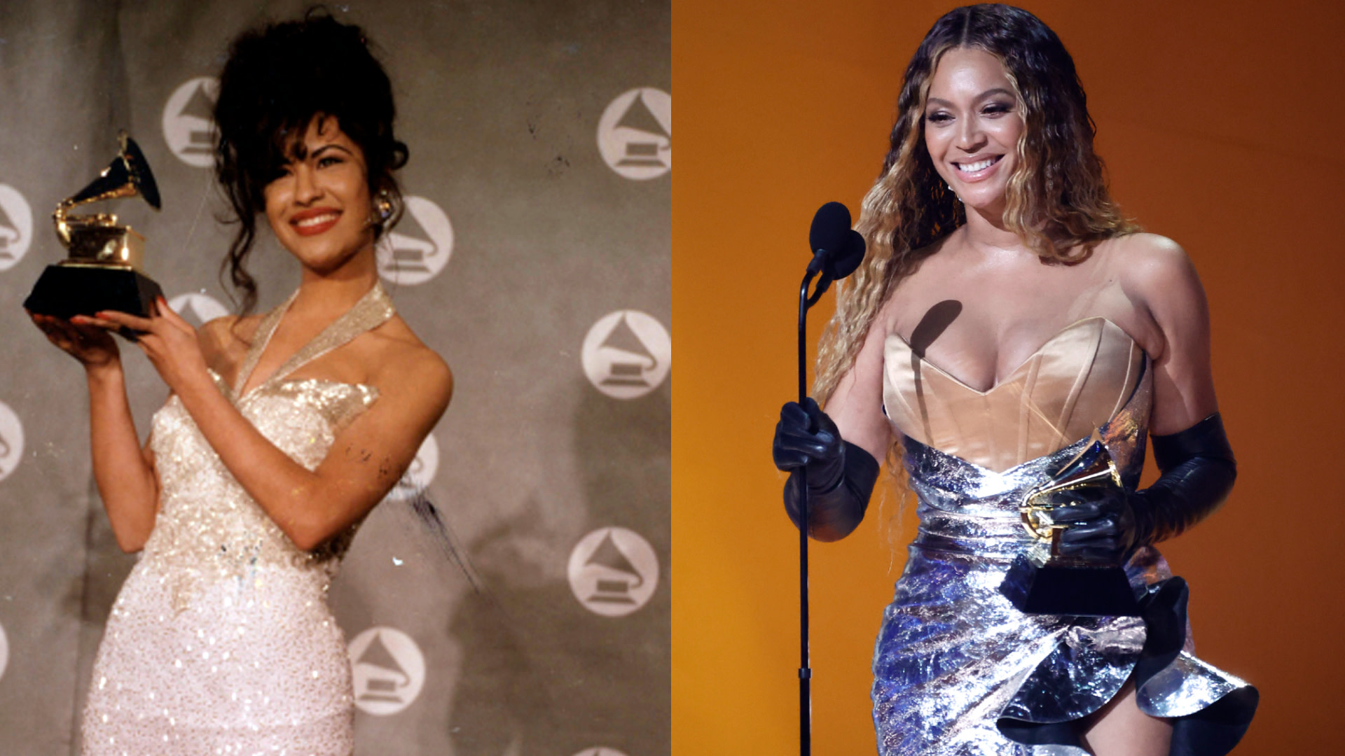 Selena holding a Grammy in a white dress; Beyoncé holding a Grammy in a metallic gown. Both are smiling on stage.