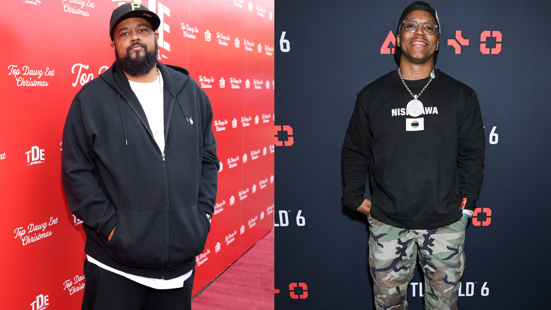 Punch in a black hoodie and cap, Lupe Fiasco in a black shirt and camo pants, both on red carpets.