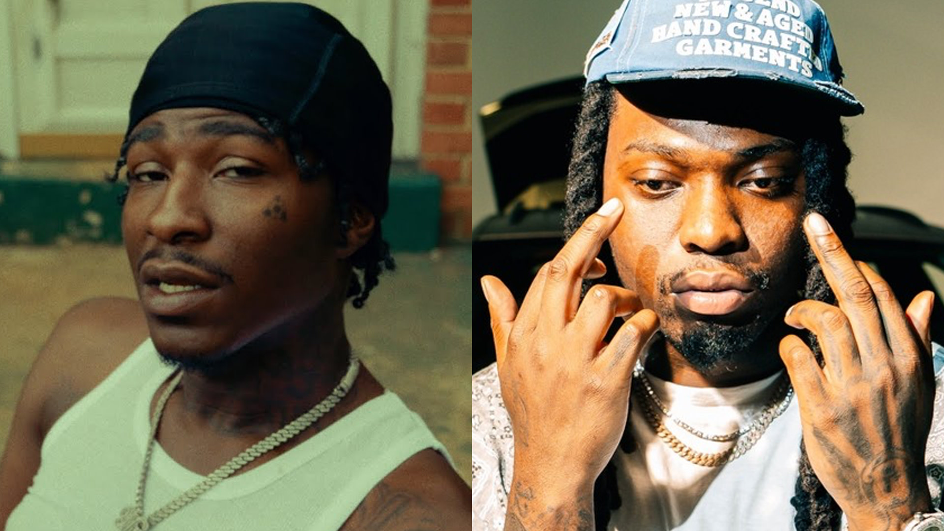 Two men in separate images; Nino Paid, left, wears a black durag and white tank top, and Warhol.SS, right, has a blue cap and gestures with his fingers.