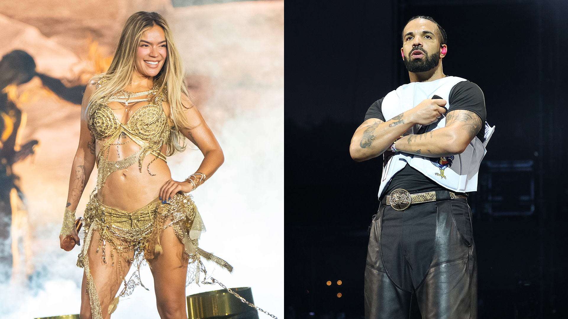 Karol G performing in a gold outfit; Drake on stage in a black and white ensemble.