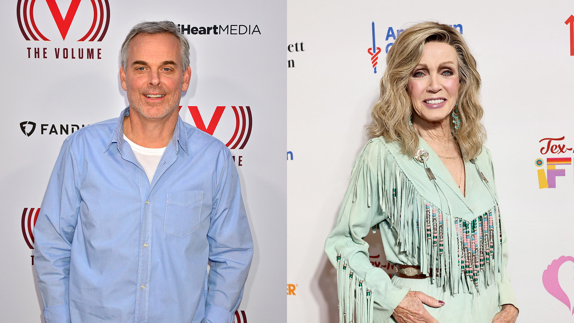 Colin Cowherd, in a light blue shirt, poses on the left, and Donna Mills, in a fringed light green outfit, poses on the right, at separate events.