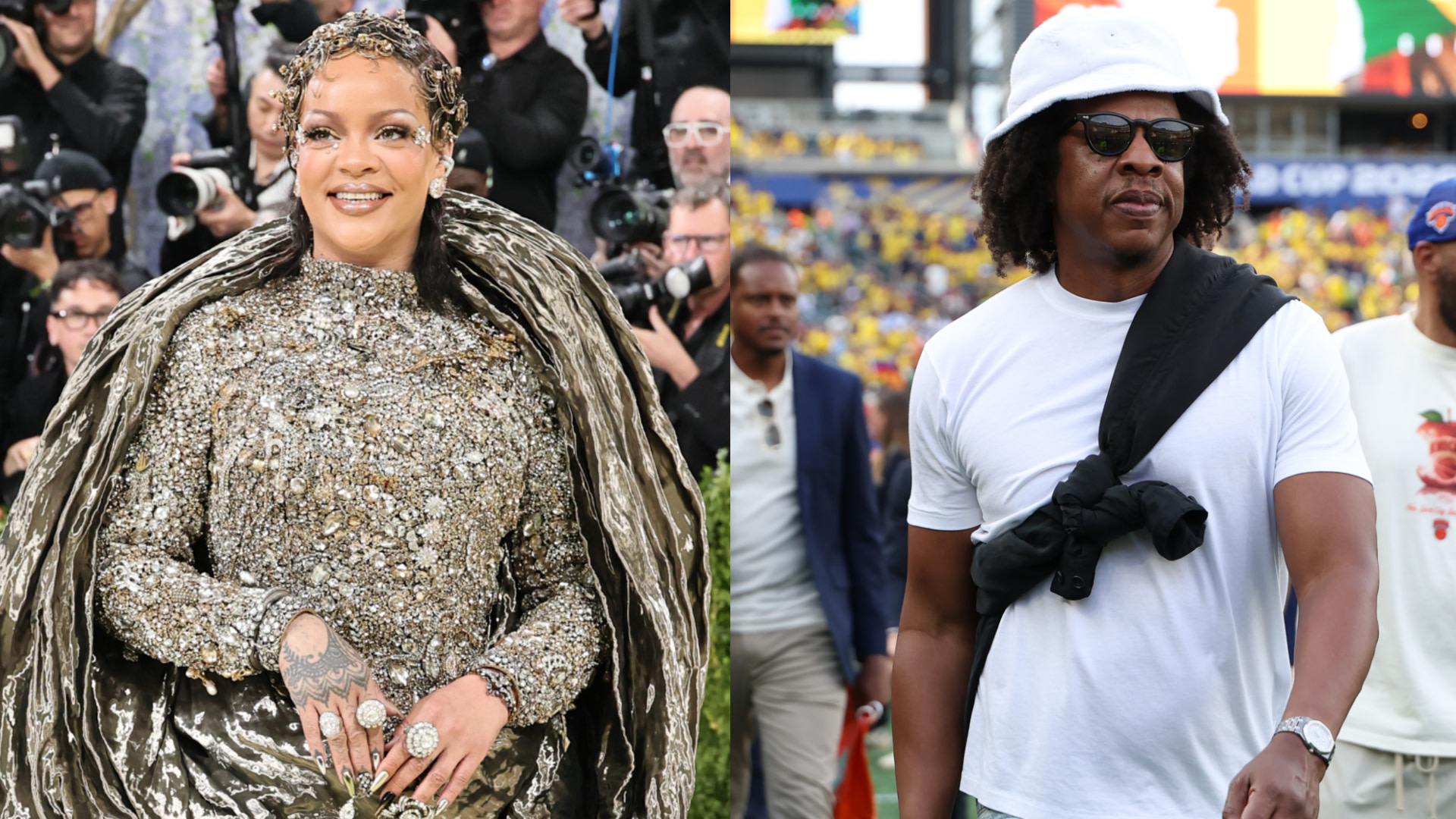 Rihanna in a shimmering gown at an event; Jay-Z in casual attire with a white hat at a sports stadium.