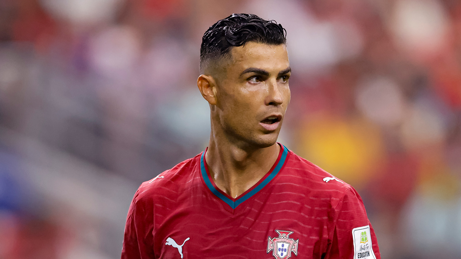 Cristiano Ronaldo of Portugal looks on during the FIFA World Cup 2026 Round Of 16 match between Portugal and Spain at Dallas Stadium on July 6, 2026 in Arlington, United States.