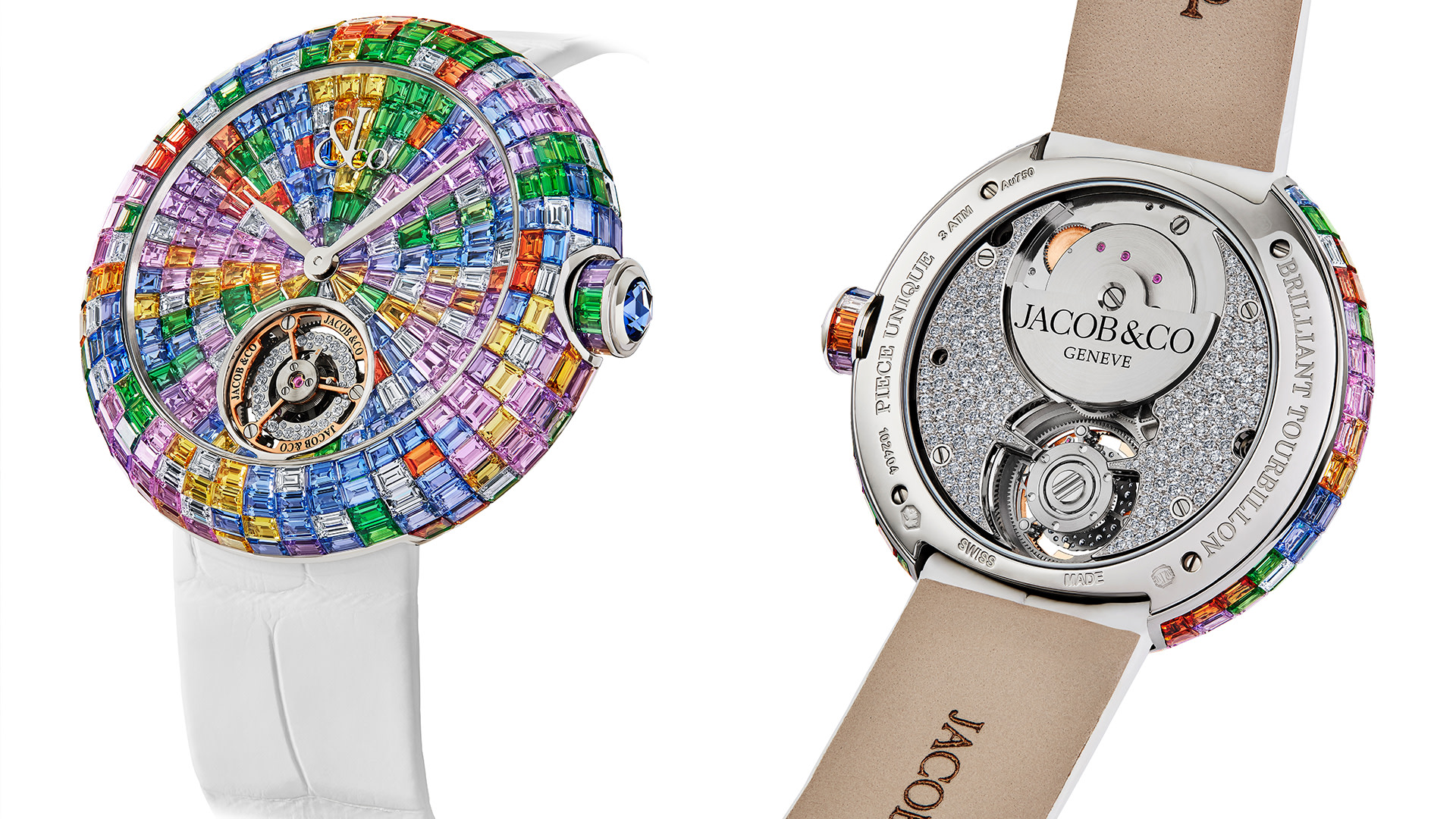 A luxurious Jacob & Co. watch with a colorful gemstone dial and a white strap, showcasing the intricate mechanics on the back.