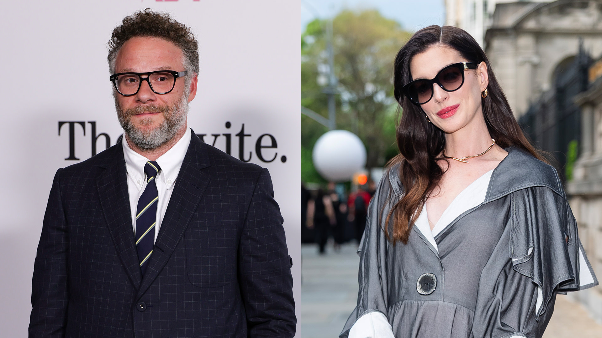 Seth Rogen in a suit and tie on the left, and Anne Hathaway in a stylish gray outfit with sunglasses on the right.