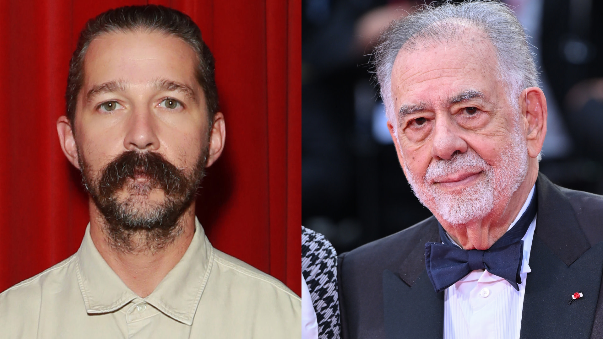 Shia LaBeouf with a mustache and beard on the left, and Francis Ford Coppola in a tuxedo on the right.
