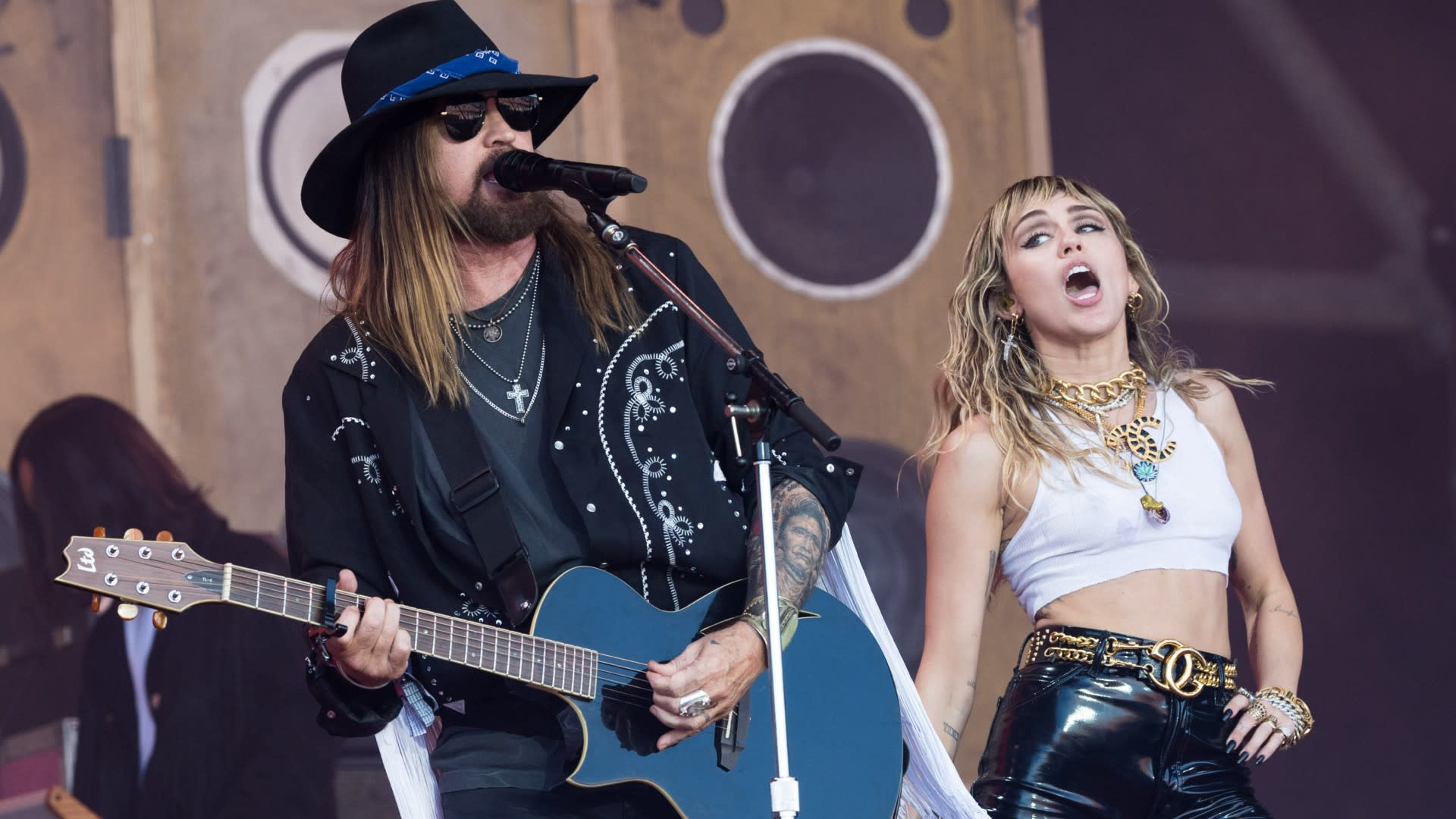 Billy Ray Cyrus and Miley Cyrus perform on the Pyramid stage on day five of Glastonbury Festival at Worthy Farm, Pilton on June 30, 2019 in Glastonbury, England. 