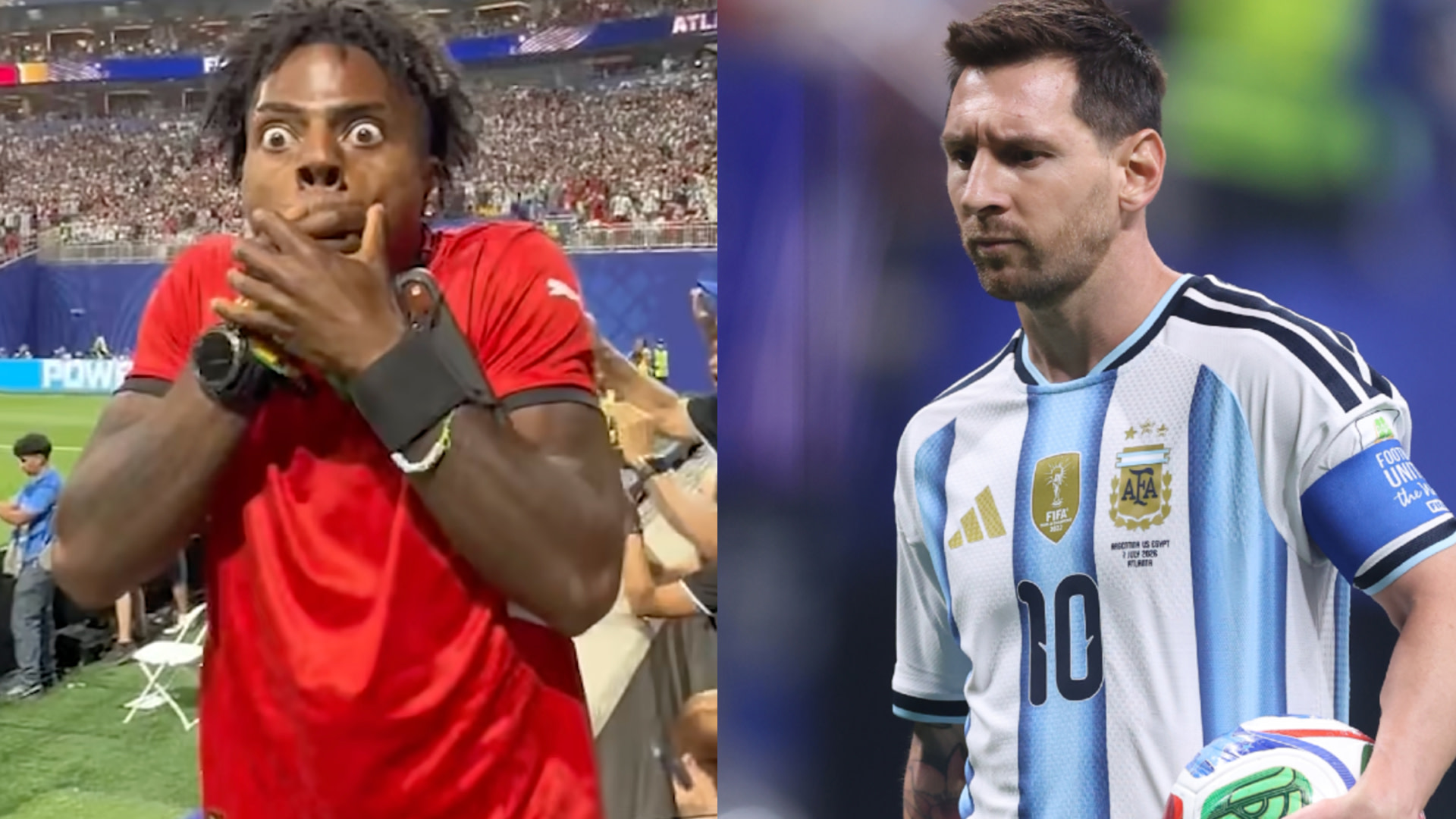 IShowSpeed in a red jersey with a surprised expression next to Lionel Messi in an Argentina jersey holding a soccer ball.