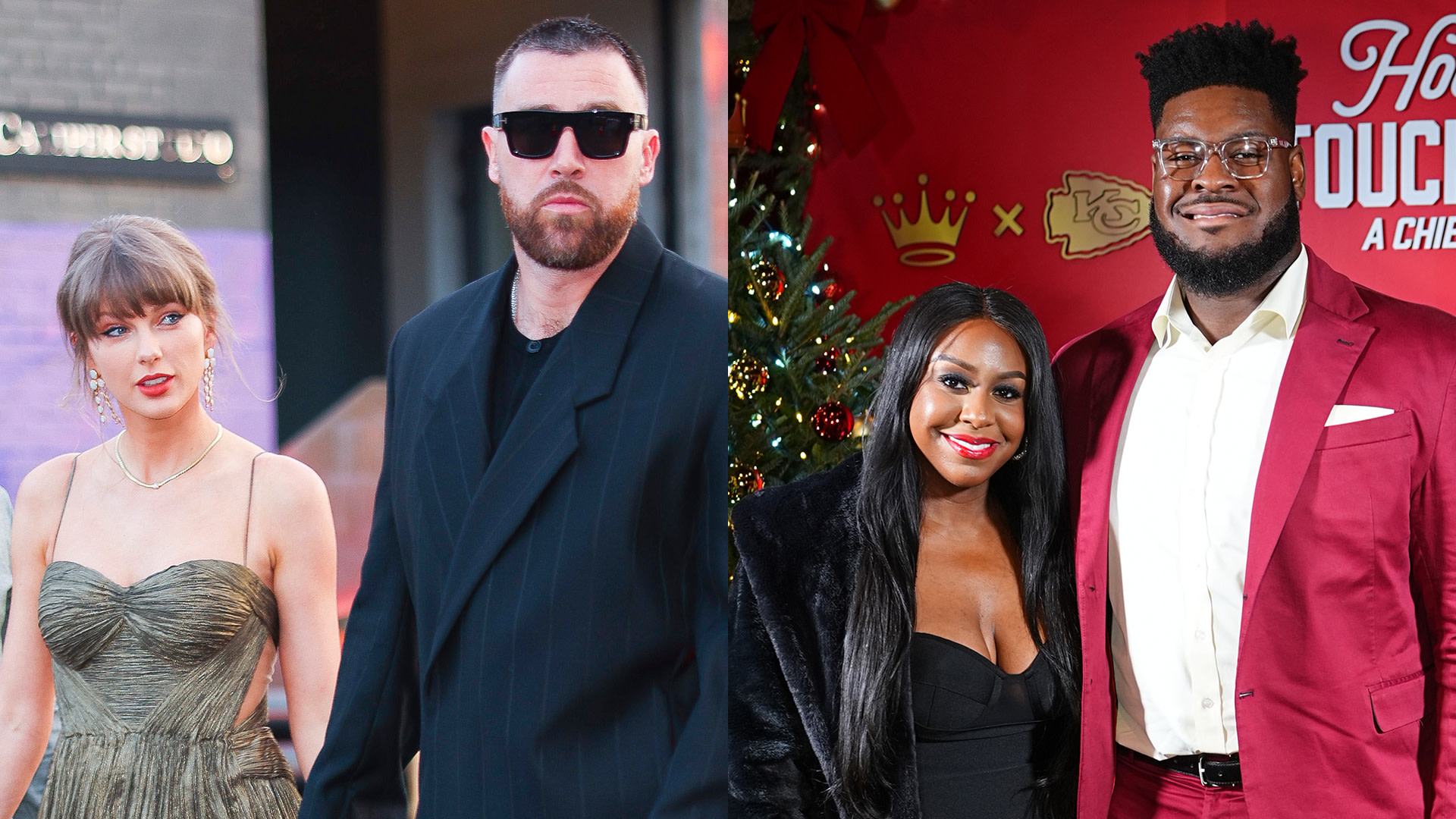 Taylor Swift in a gold dress with Travis Kelce in a black suit; siblings Ashley and Trey Smith in formal attire at a festive event.