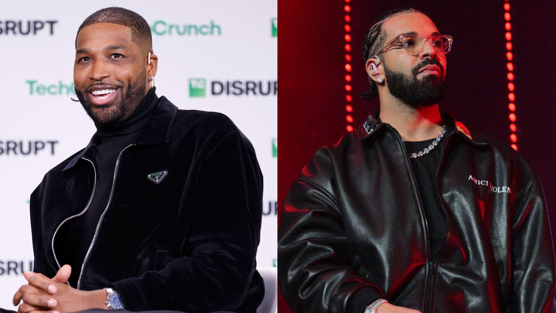 Tristan Thompson on the left, wearing a black jacket at a tech event. Drake on the right, in a leather jacket performing on stage.